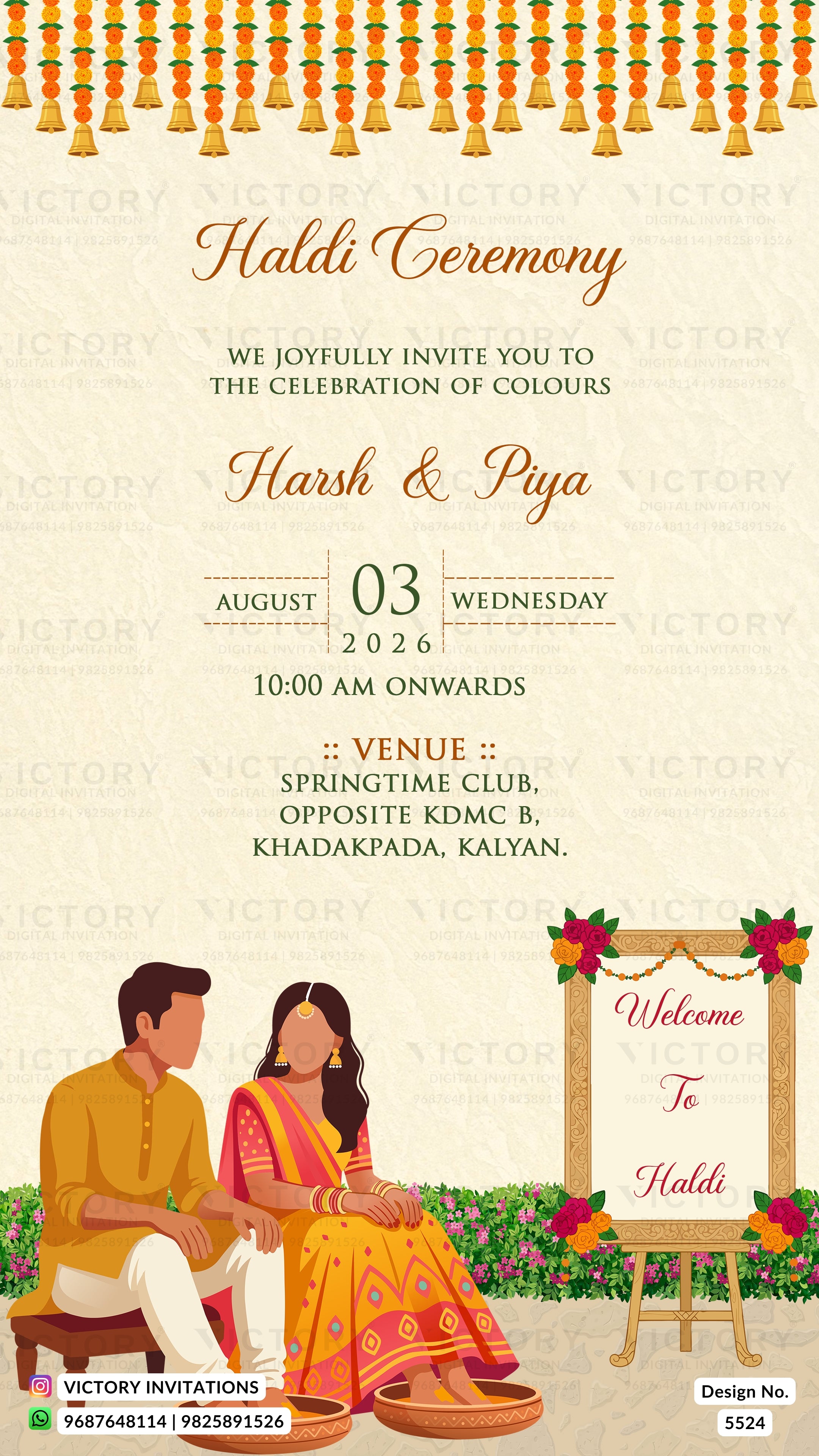 A digital Haldi Ceremony invitation card design featuring a beige textured background, orange and gold hanging garlands at the top, and an illustration of a man and woman in traditional Indian attire sitting in the bottom left. The text details the event date, time, and venue.