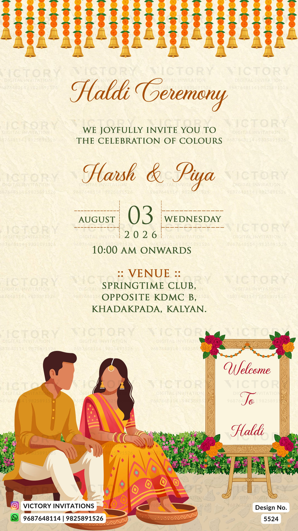 A digital Haldi Ceremony invitation card design featuring a beige textured background, orange and gold hanging garlands at the top, and an illustration of a man and woman in traditional Indian attire sitting in the bottom left. The text details the event date, time, and venue.