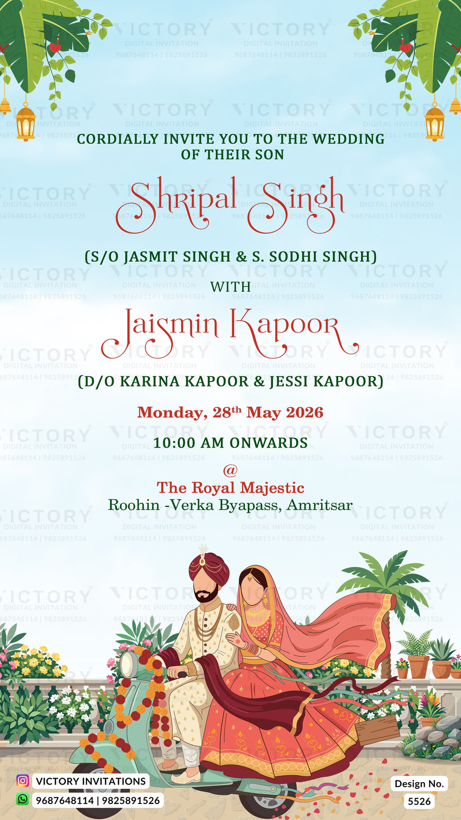 Wedding ceremony invitation card of hindu Playful Scooter Ride & Tropical Breeze in english language with floral theme design 5526