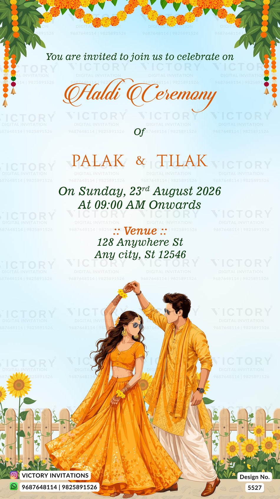 Haldi ceremony invitation card in english language with Vibrant Sunflower Garden theme design 5527