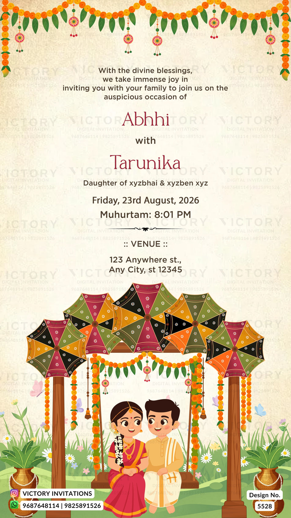 Wedding ceremony invitation card of hindu south indian family in english language with floral theme design 5528