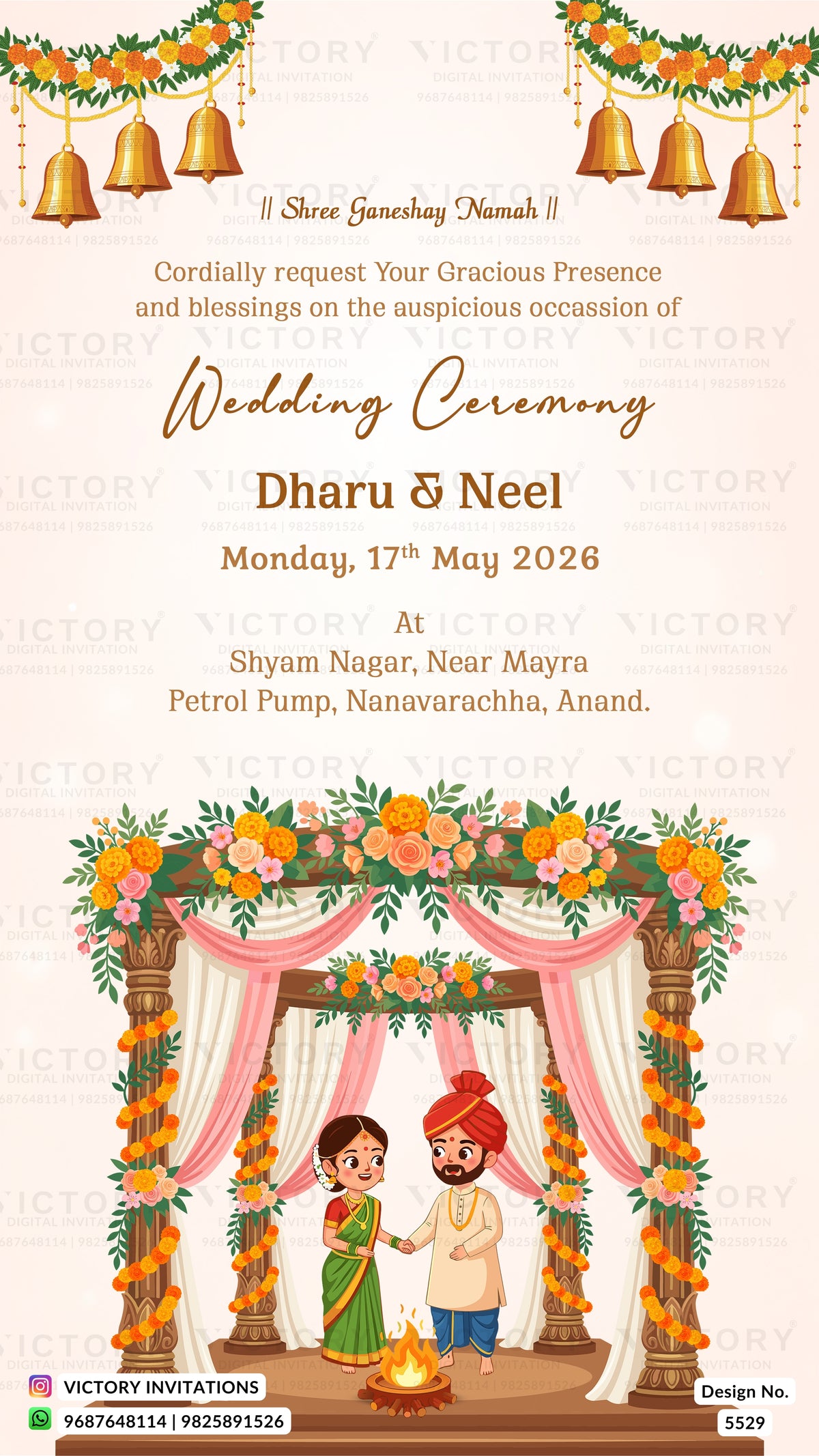 A digital wedding invitation card featuring a traditional Indian Shree Ganeshay Namah blessing, with the names 'Dharu & Neel', the date 'Monday, 17th May 2026', and the venue 'At Shyam Nagar, Near Mayra'. The top of the card has golden bells and floral garlands, while the bottom features an illustration of a bride and groom standing under a decorated arch with pink drapes and marigold garlands.