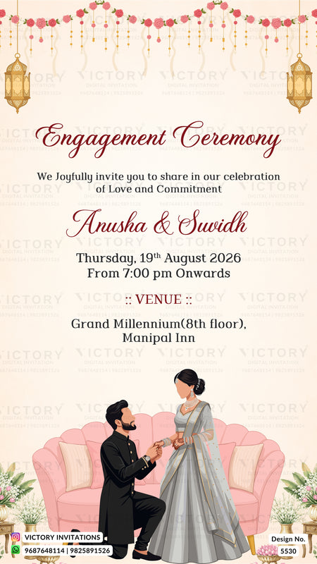 Engagement ceremony invitation card featuring a festive Indian theme with hanging lanterns, floral garlands, and a couple seated on a pink sofa. The text reads 'Engagement Ceremony' followed by event details for Anusha & Swidh on Thursday, 19th August 2026 at Grand Millennium (8th floor), Manipal Inn.