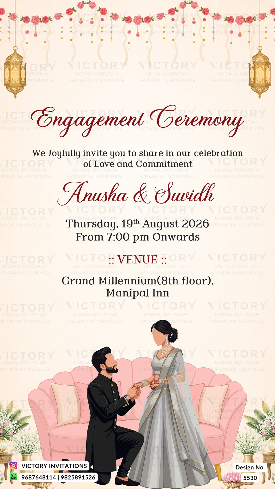 Engagement ceremony invitation card featuring a festive Indian theme with hanging lanterns, floral garlands, and a couple seated on a pink sofa. The text reads 'Engagement Ceremony' followed by event details for Anusha & Swidh on Thursday, 19th August 2026 at Grand Millennium (8th floor), Manipal Inn.