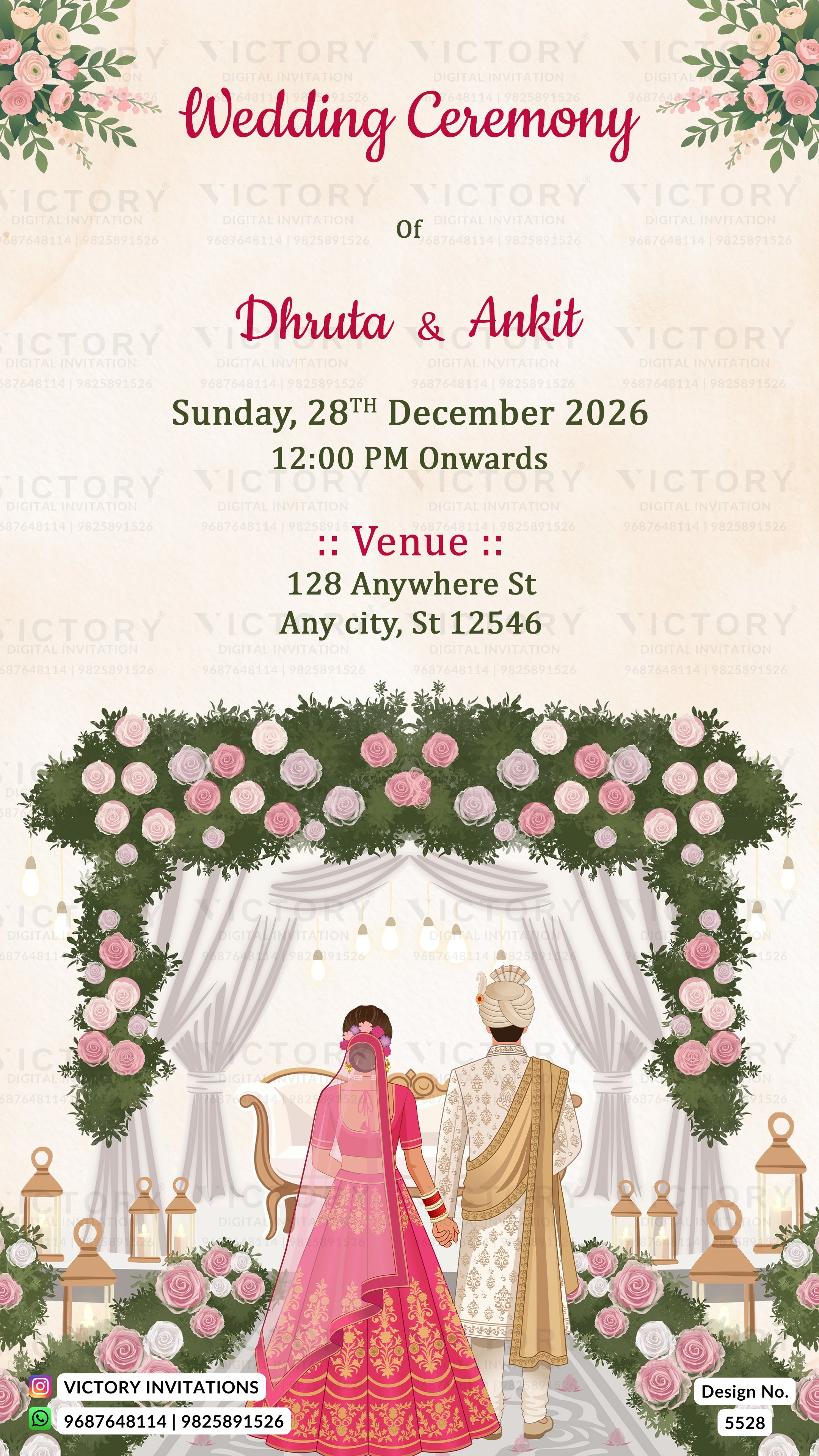 A wedding invitation card design featuring floral arch illustrations and text for a wedding ceremony. The top reads 'Wedding Ceremony or Dhruva & Ankit' with event details below, and the bottom shows an illustrated couple under a pink and green floral arch with lanterns.