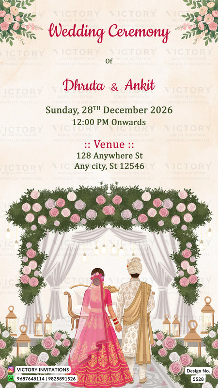 A wedding invitation card design featuring floral arch illustrations and text for a wedding ceremony. The top reads 'Wedding Ceremony or Dhruva & Ankit' with event details below, and the bottom shows an illustrated couple under a pink and green floral arch with lanterns.