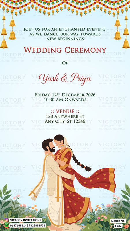 A digital Indian wedding invitation card design featuring a light blue background, traditional marigold garland borders, and an illustration of a bride in a red saree and groom in a white kurta at the bottom. The text details the wedding of Yash & Priya on Friday, 12th December 2026, at 10:30 AM.