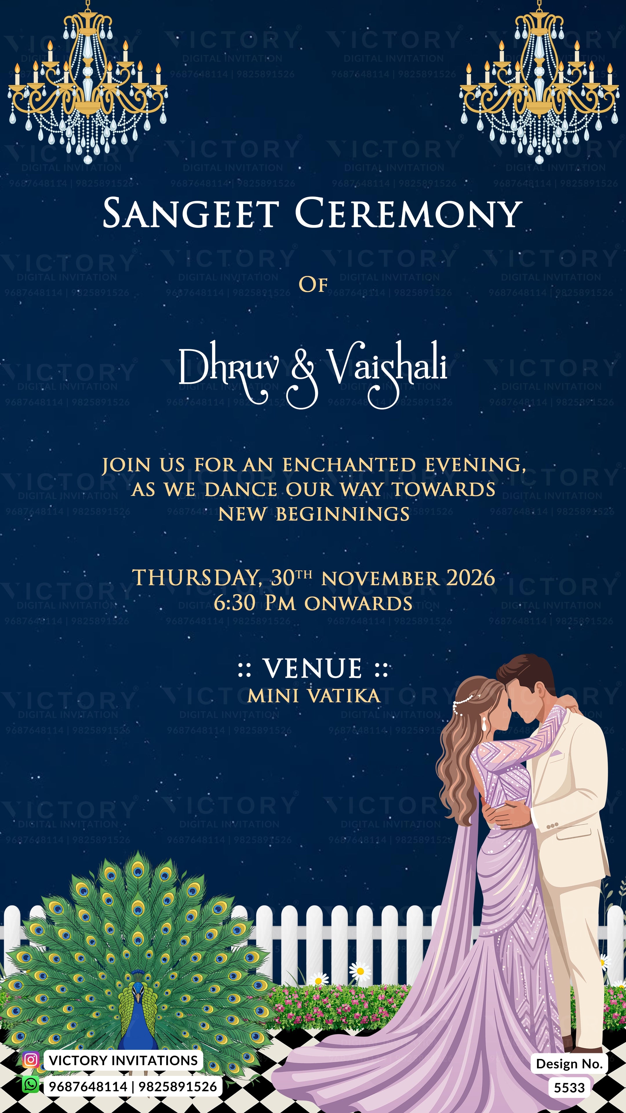 Digital invitation card for a Sangeet Ceremony of Dhruv & Vaishali, featuring a dark navy blue starry sky background, elegant gold and white typography, chandelier illustrations, a peacock illustration, and a couple in a lavender gown and cream suit under a white picket fence at the bottom.