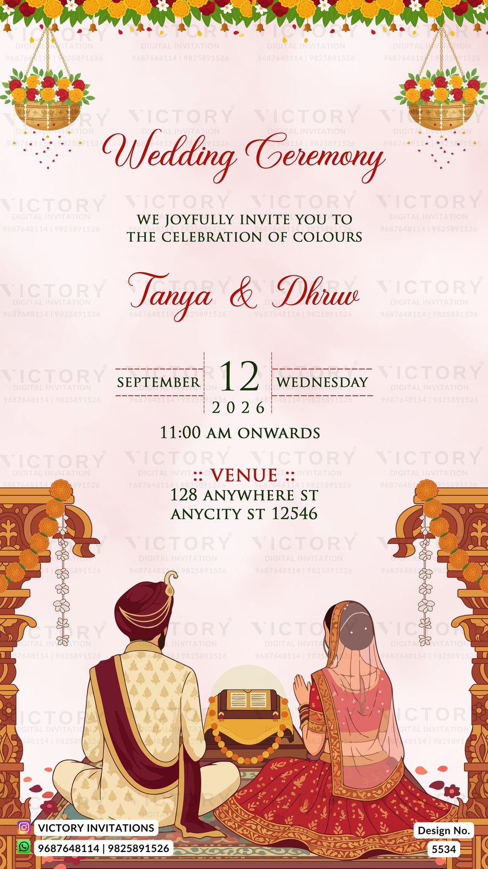 Wedding ceremony invitation card of hindu Traditional Anand Karaj in english language with floral theme design 5534