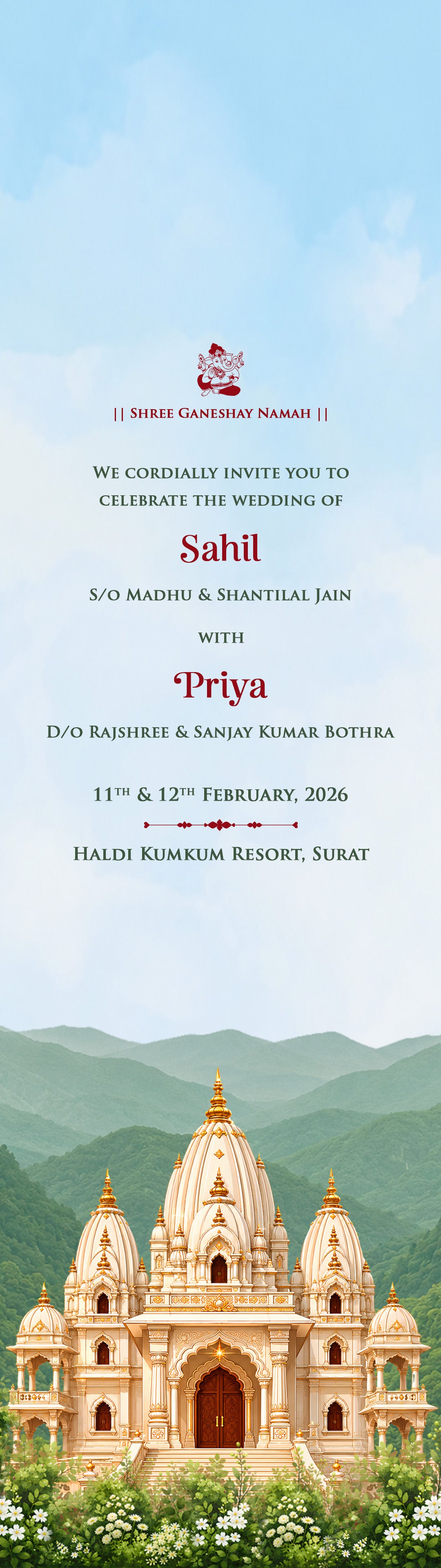 A tall wedding invitation card featuring a light blue sky background at the top and a detailed illustration of a golden temple at the bottom. The text reads 'Shree Ganesha Mahal' and includes wedding details for Sahil and Priya.