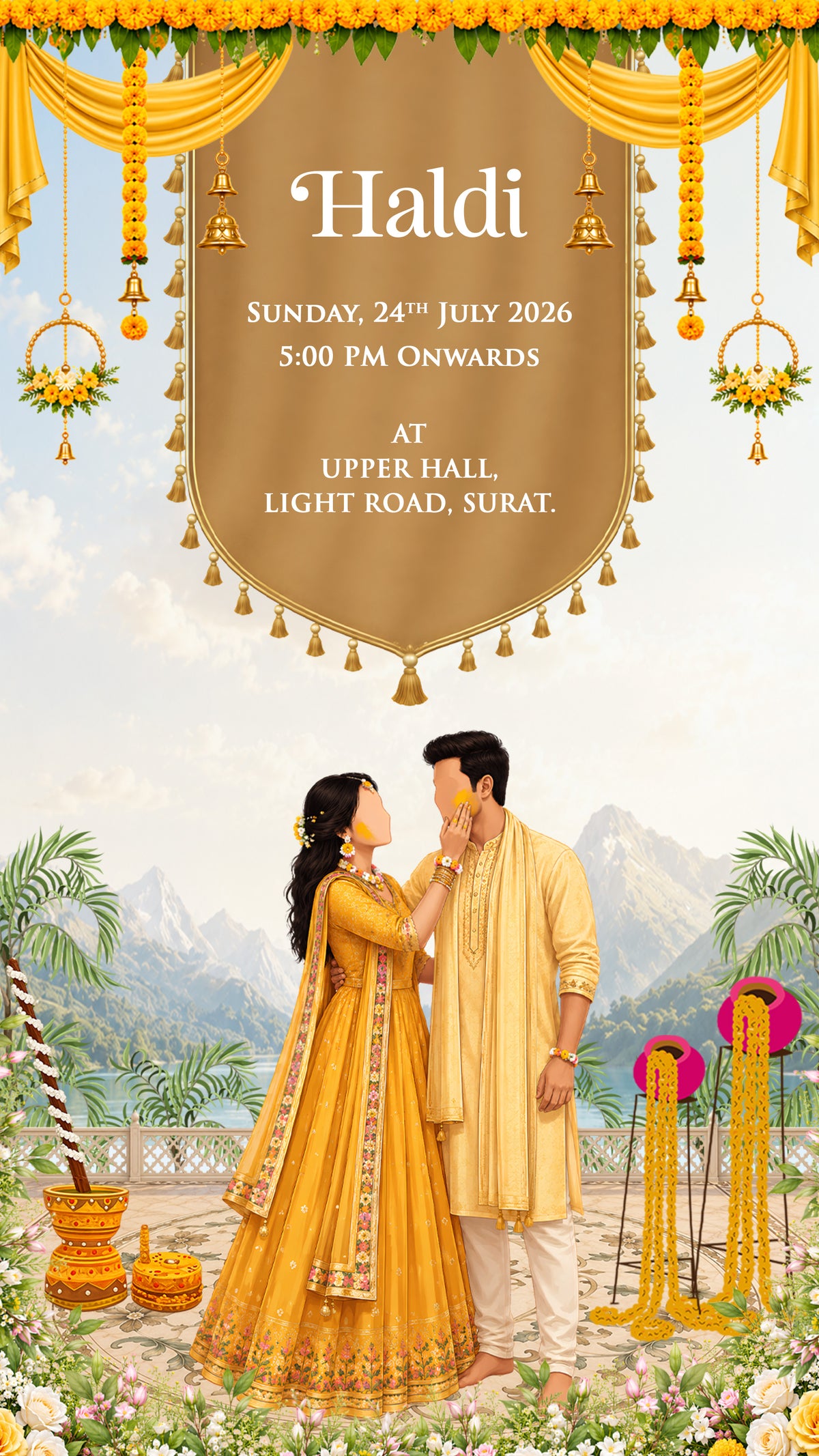 Haldi event invitation card featuring a golden-brown central banner with event details, decorated with yellow marigold garlands and hanging bells. Below, a bride in a yellow traditional dress and a groom in a cream kurta pose outdoors with haldi pots, flower garlands, and a scenic mountain backdrop.