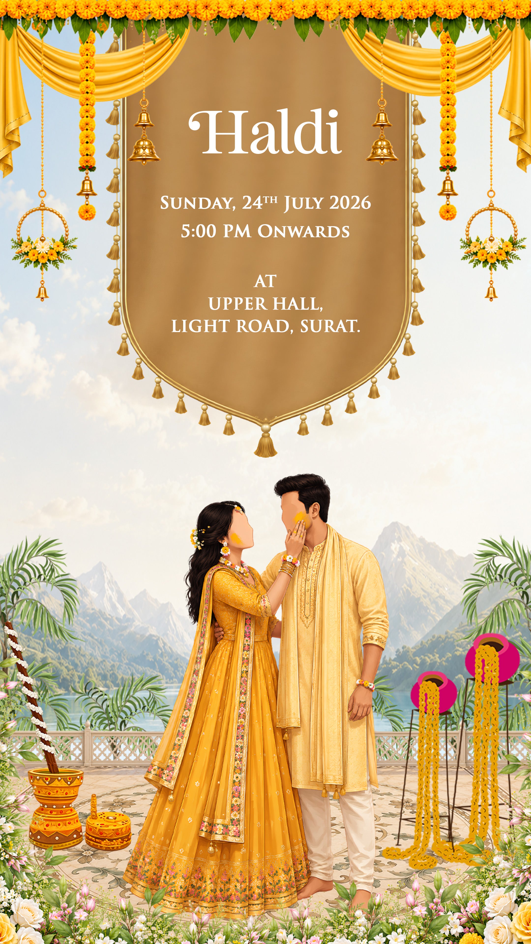 Haldi event invitation card featuring a golden-brown central banner with event details, decorated with yellow marigold garlands and hanging bells. Below, a bride in a yellow traditional dress and a groom in a cream kurta pose outdoors with haldi pots, flower garlands, and a scenic mountain backdrop.