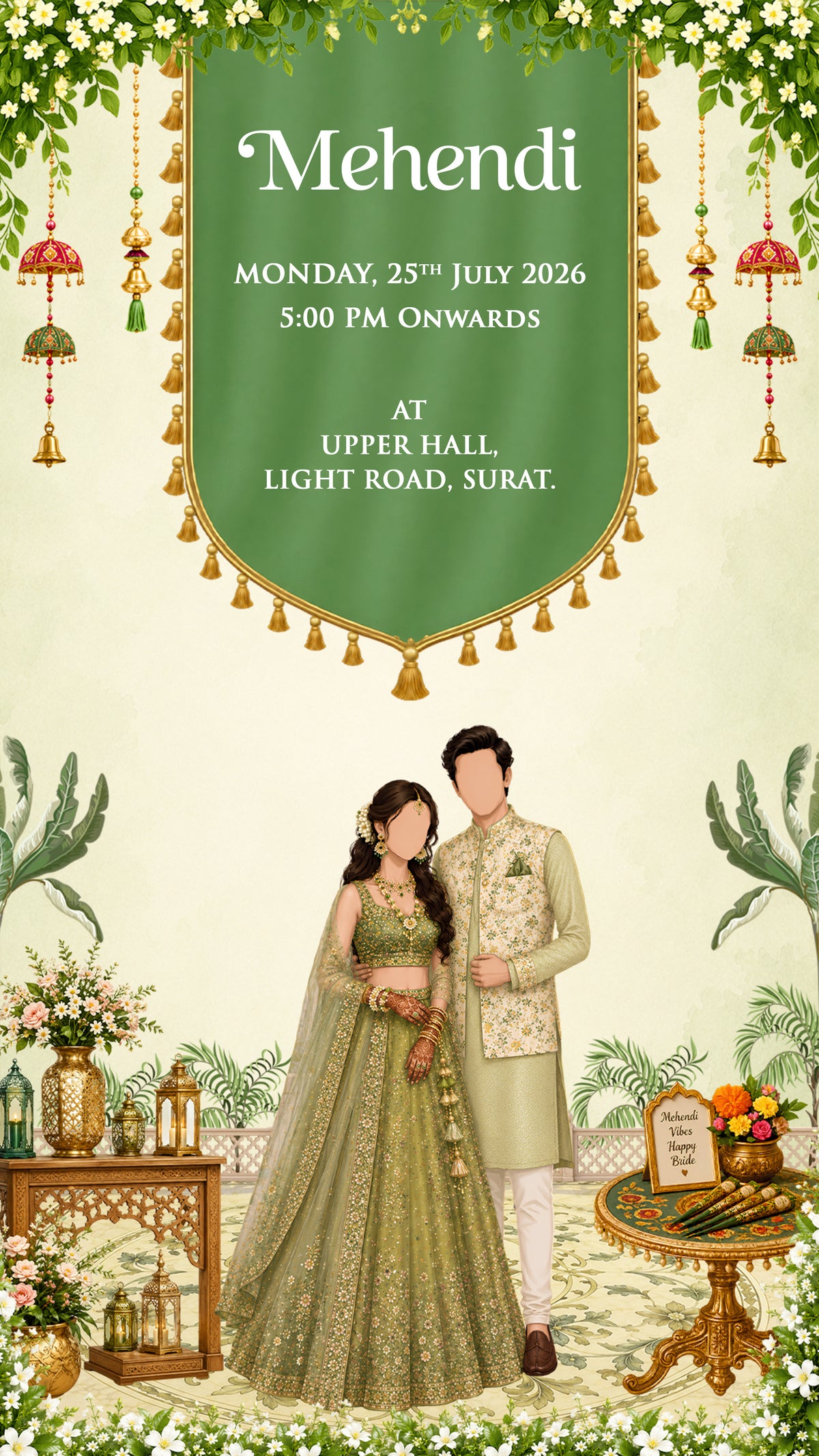 A digital invitation card for an Indian Mehndi event, featuring a green banner with gold text and a couple in traditional Indian wedding attire at the bottom, decorated with floral borders and hanging ornaments.