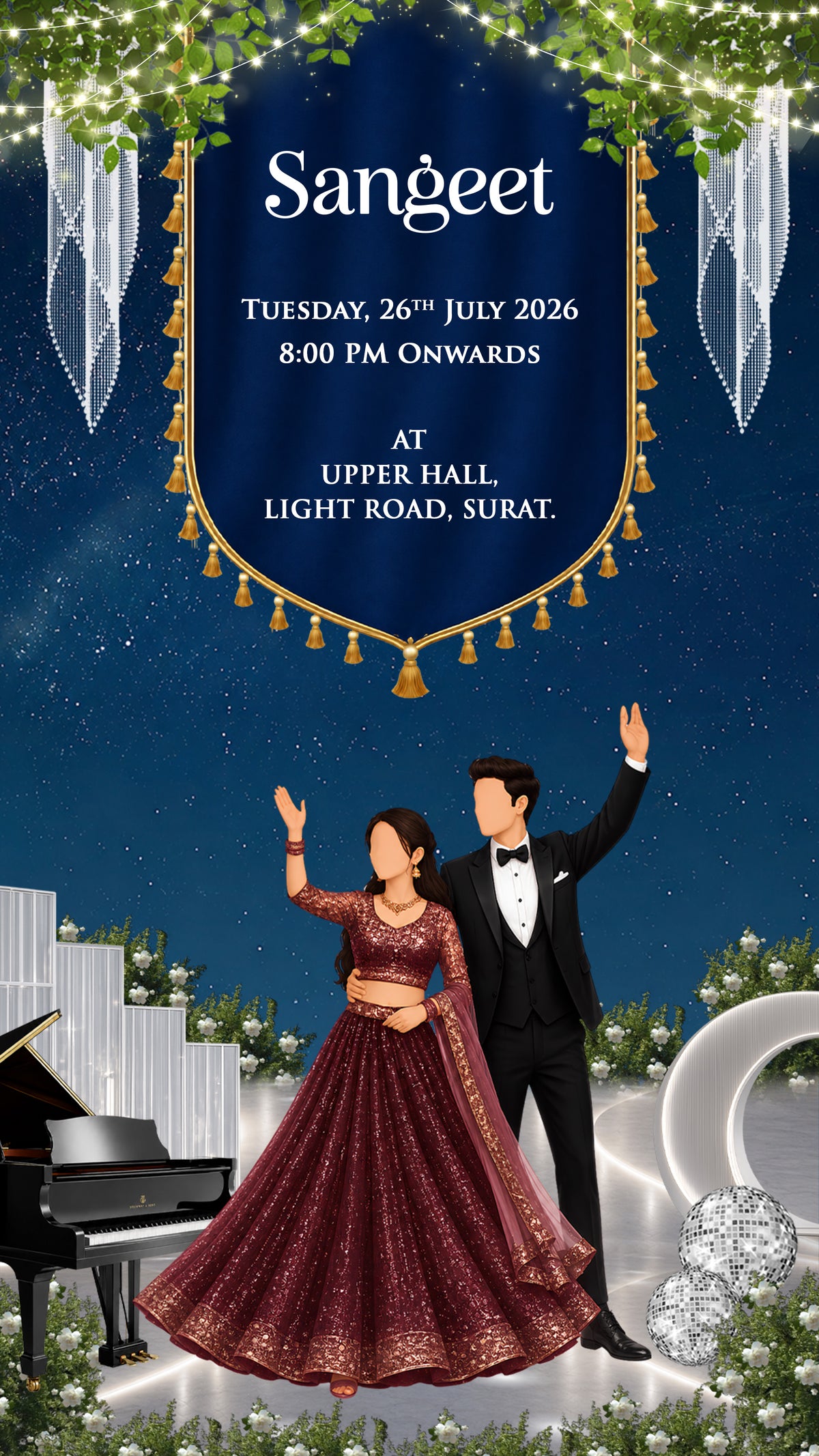 A digital invitation card for a wedding, featuring a navy blue central banner with gold borders and white text reading 'Sangeet' along with event details. Below, an illustration depicts a bride in a maroon traditional lehenga and a groom in a black tuxedo, standing in front of a grand piano and decorated garden elements.