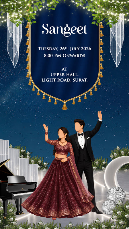 A digital invitation card for a wedding, featuring a navy blue central banner with gold borders and white text reading 'Sangeet' along with event details. Below, an illustration depicts a bride in a maroon traditional lehenga and a groom in a black tuxedo, standing in front of a grand piano and decorated garden elements.