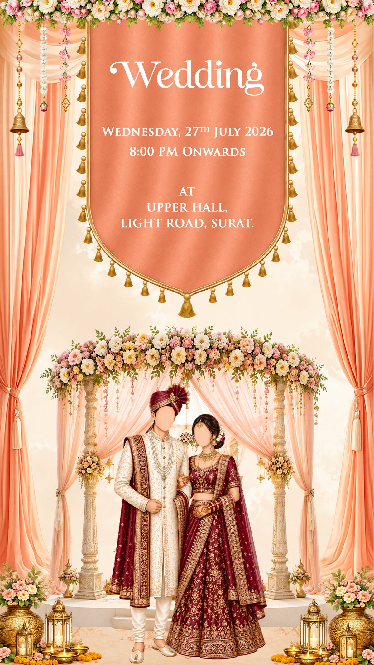 A digital invitation card for an Indian wedding, featuring a peach-colored banner with white text reading 'Wedding' and event details, set against a background of peach drapes, floral arches, and a bride and groom standing under a decorated arch.