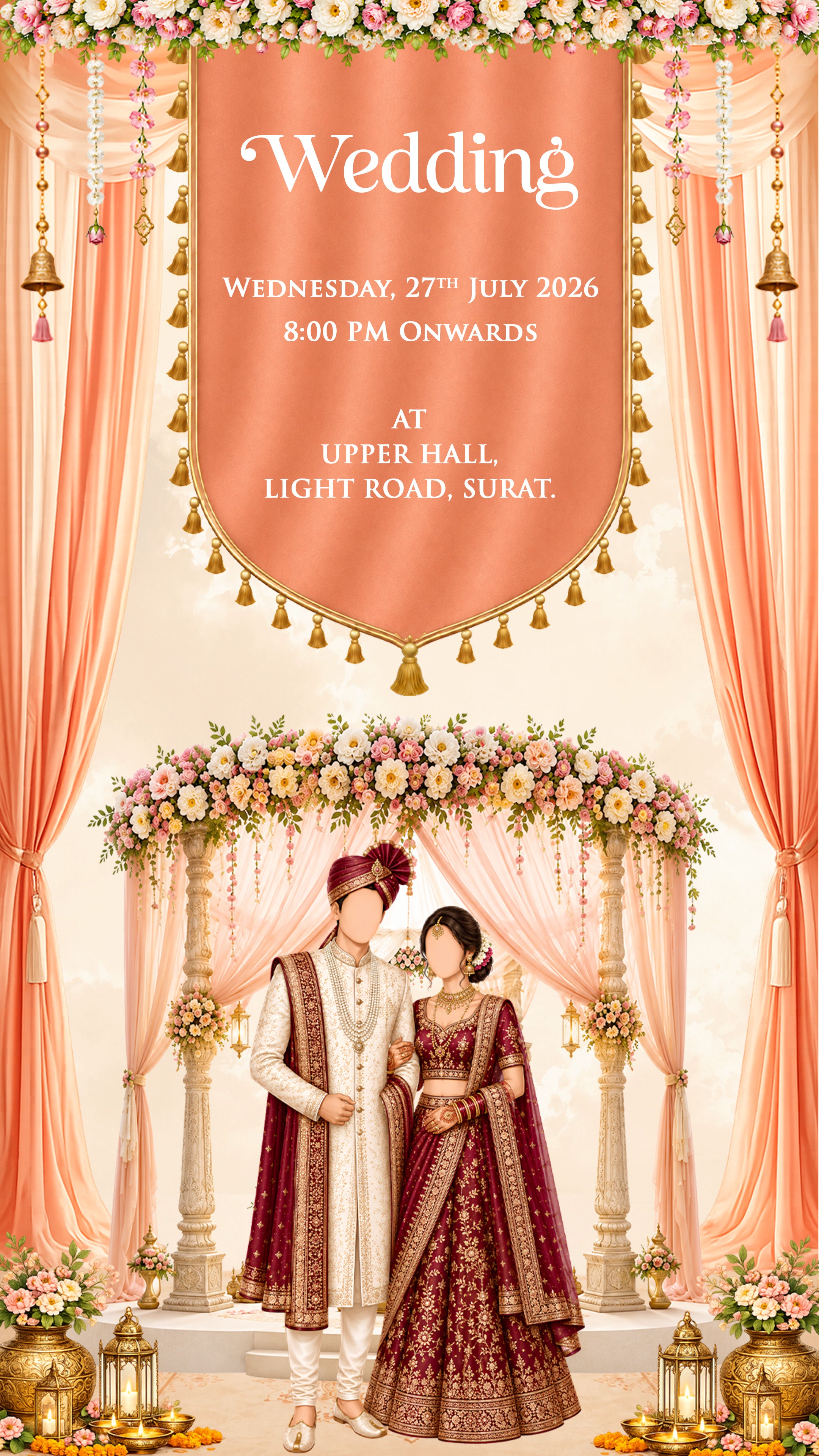 A digital invitation card for an Indian wedding, featuring a peach-colored banner with white text reading 'Wedding' and event details, set against a background of peach drapes, floral arches, and a bride and groom standing under a decorated arch.