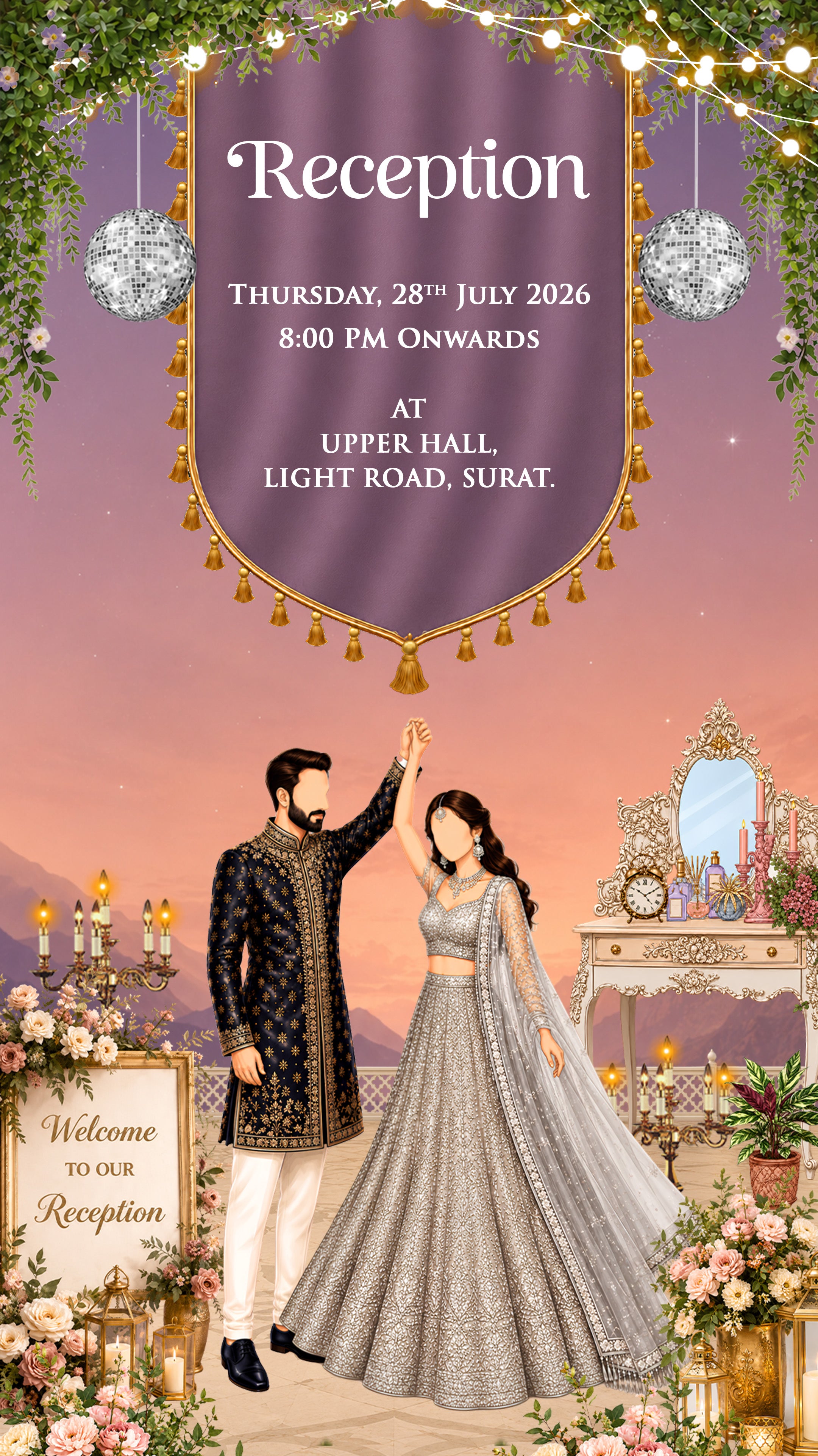 A digital invitation template for an event reception, featuring a purple banner with gold trim and white text, decorated with hanging fairy lights, disco balls, and a couple in traditional South Asian attire against a sunset sky background.