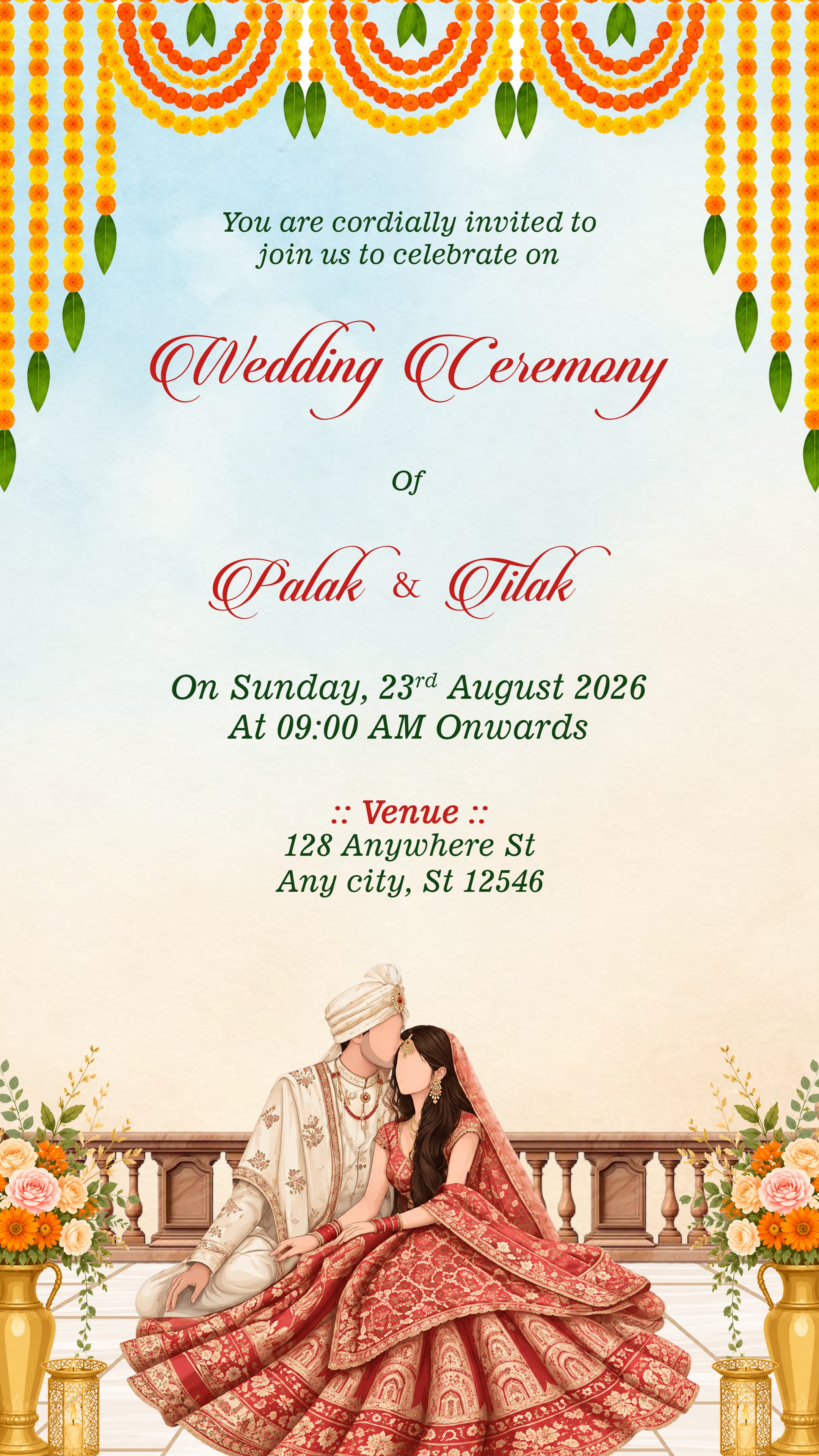 A digital Indian wedding invitation card featuring a traditional illustration of a groom and bride in red and gold attire at the bottom, with festive marigold garlands and flowers at the top and bottom borders. The central text reads 'You are cordially invited to join us to celebrate on Wedding Ceremony of Palak & Tilak' with event details below.