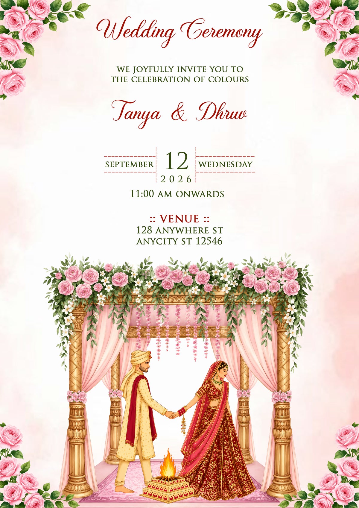 A wedding invitation card featuring a pink and gold traditional Indian wedding scene. The top half contains elegant text reading 'Wedding Ceremony' and details for 'Tanya & Dhruw' on September 12, 2026, at 11:00 AM.