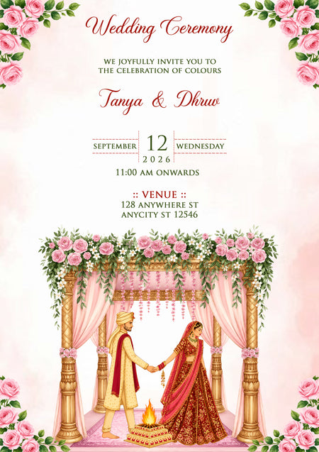 A wedding invitation card featuring a pink and gold traditional Indian wedding scene. The top half contains elegant text reading 'Wedding Ceremony' and details for 'Tanya & Dhruw' on September 12, 2026, at 11:00 AM.