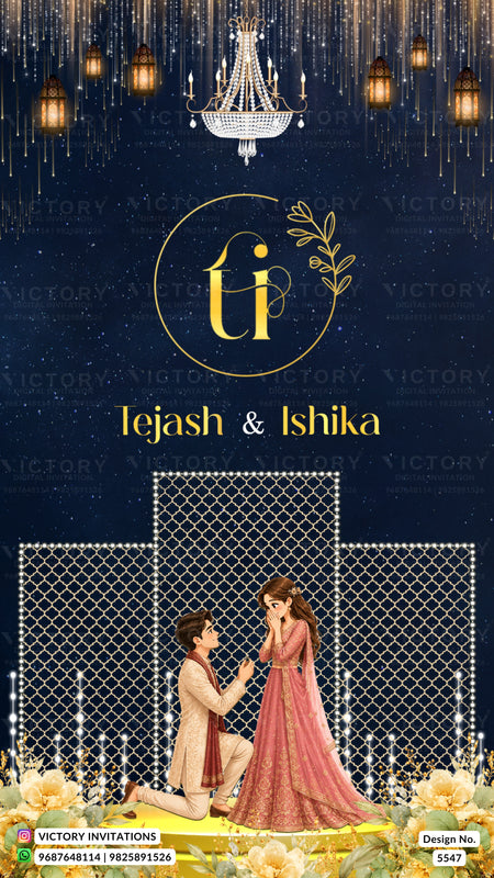 Custom wedding invitation card design for Tejash & Ishika, featuring a dark navy blue background with hanging lanterns, a crystal chandelier, and a gold monogram 'ti' in a circle. The bottom features an illustration of a groom in beige kneeling and a bride in a pink gown standing before a white lattice screen, with yellow flowers at the base.