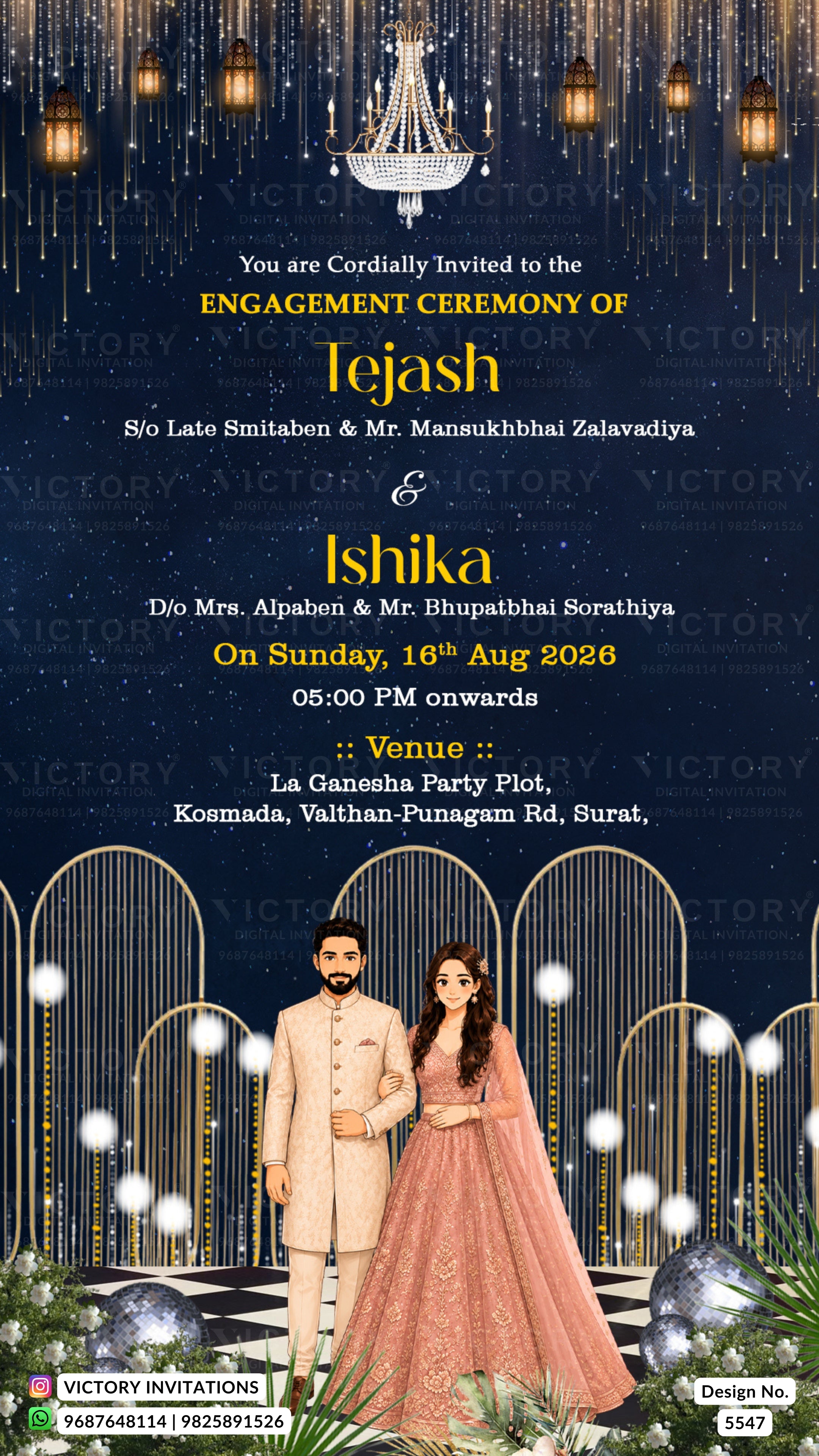 A festive engagement invitation card featuring a dark navy blue starry night sky background with hanging lanterns, gold text, and a couple standing in front of gold arches. The text reads: 'You are cordially invited to the engagement ceremony of Tejash & Ishika' with venue and date details at the bottom.