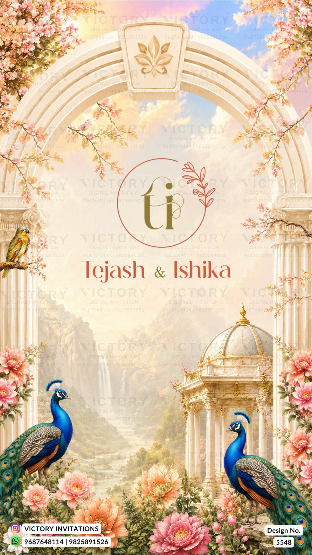 Custom wedding invitation card featuring an ornate classical stone archway, pink cherry blossoms, two blue peacocks, and a distant waterfall. The text 'tejas & Ishika' is displayed in the center within a circular frame with the initials 'ti' above it.