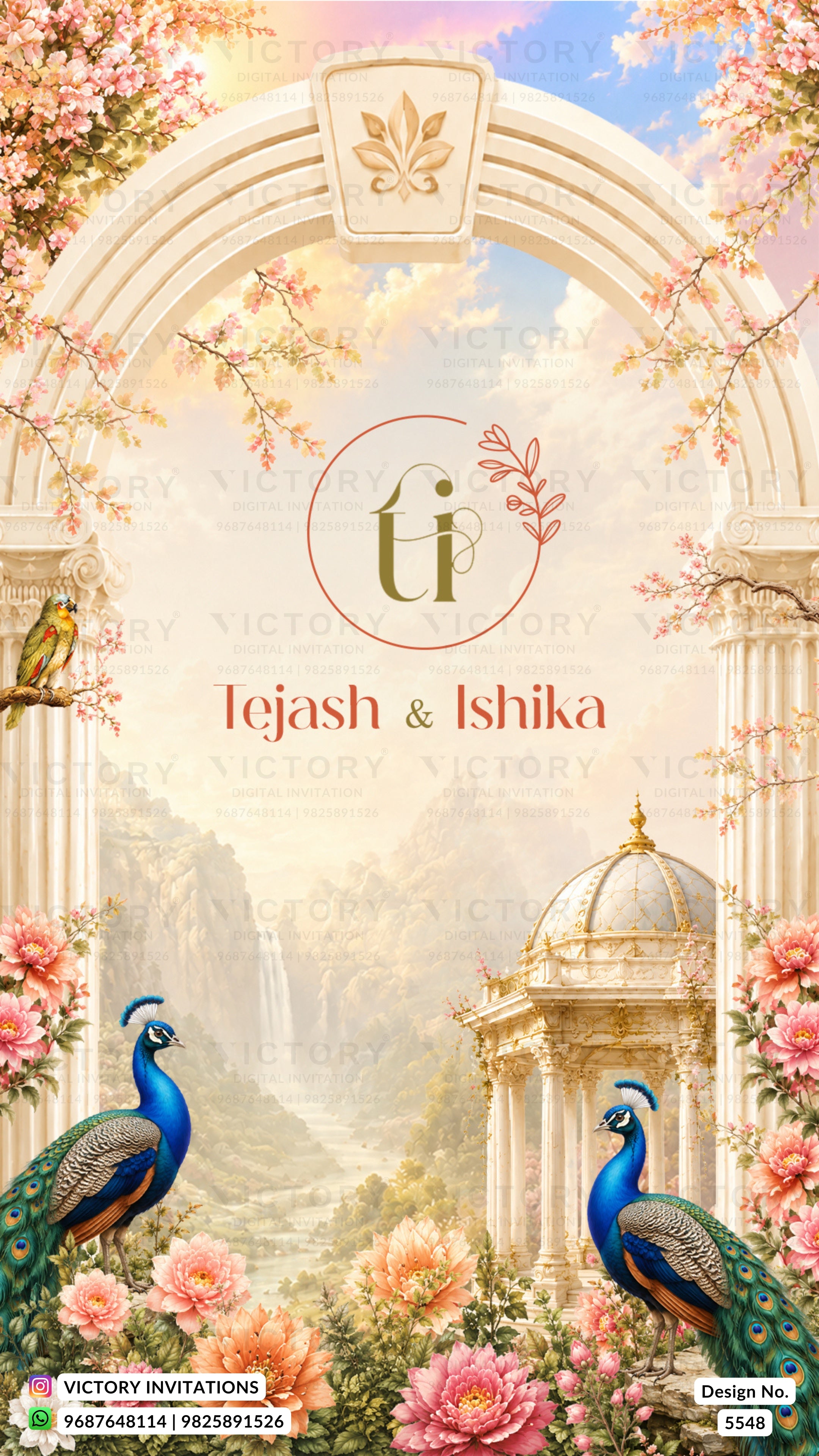 Custom wedding invitation card featuring an ornate classical stone archway, pink cherry blossoms, two blue peacocks, and a distant waterfall. The text 'tejas & Ishika' is displayed in the center within a circular frame with the initials 'ti' above it.