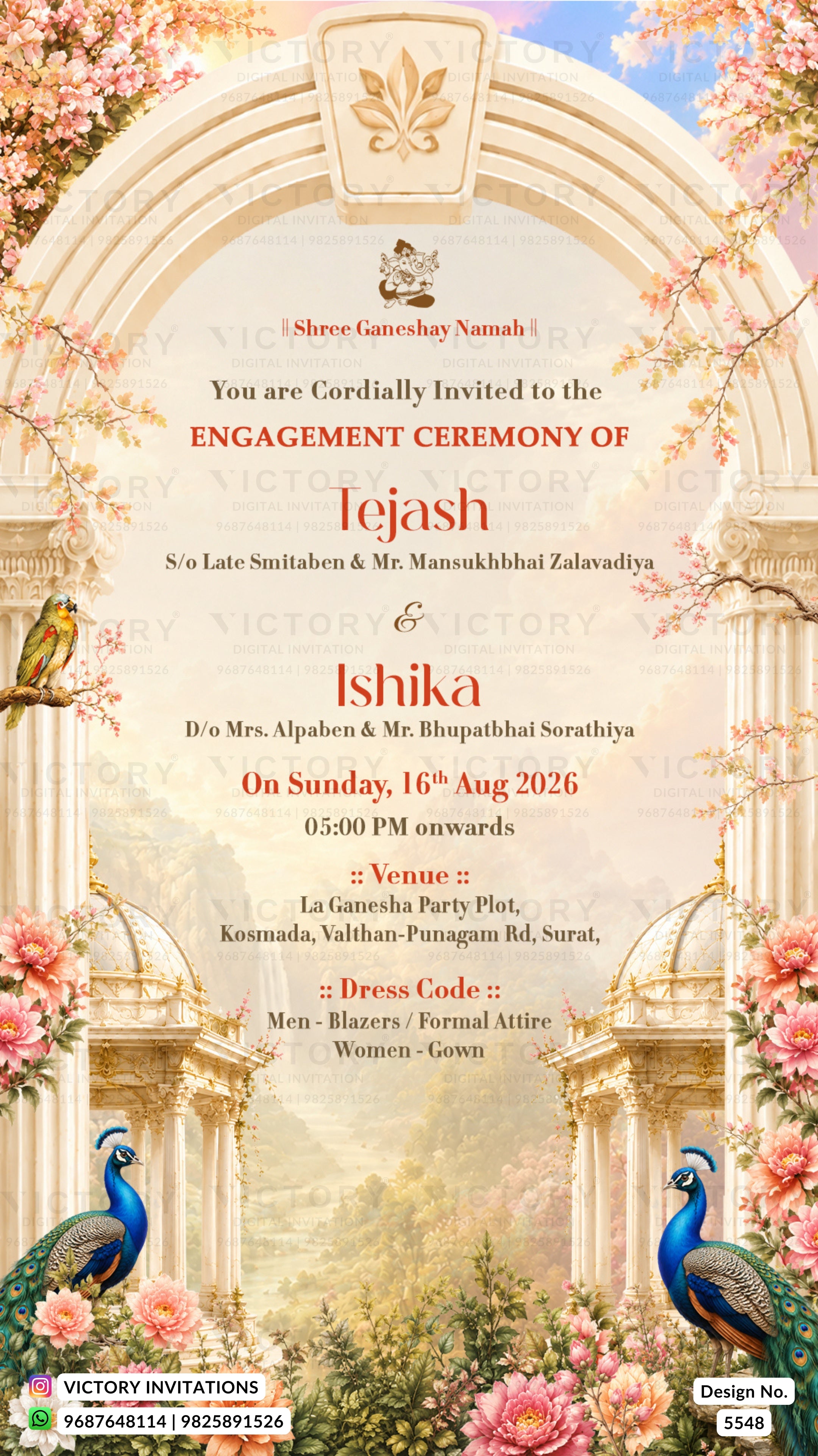 Engagement invitation card featuring a classical Indian architectural archway design with pink flowers, peacocks, and elegant typography detailing a wedding ceremony.