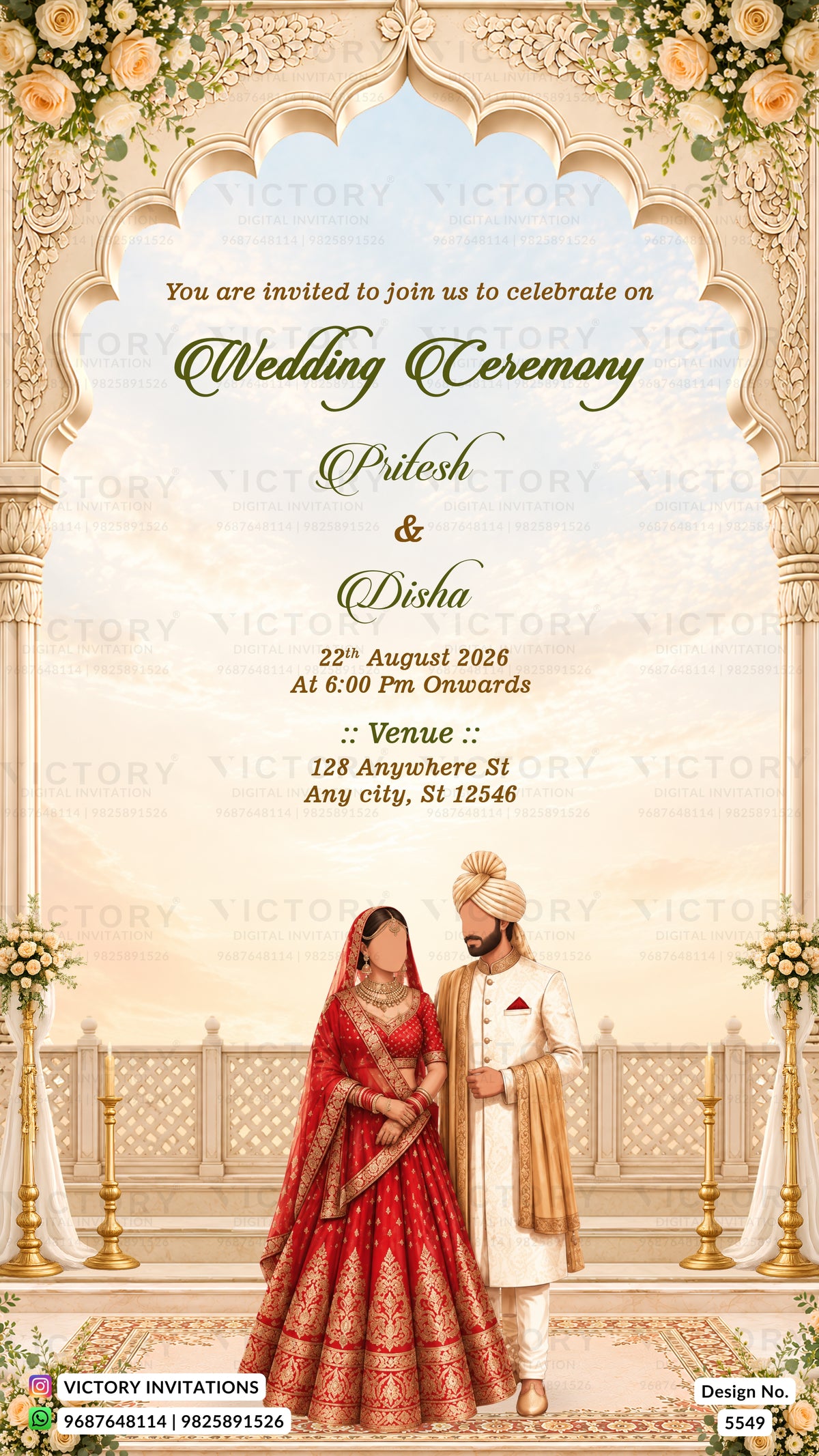A wedding invitation card featuring an ornate Indian arch illustration at the top, floral corner details, and elegant text reading 'Wedding Ceremony' and 'Pritesh & Disha' with event details below. The lower portion shows a bride in a red traditional outfit and a groom in a cream and gold traditional outfit standing in front of a decorated palace scene.
