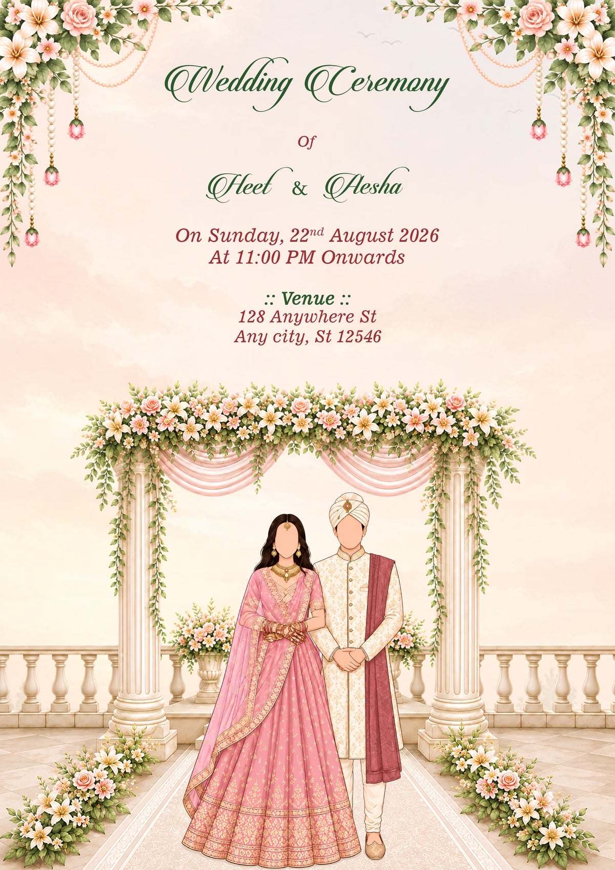 A wedding invitation card featuring an illustrated bride and groom standing under a floral archway. The top portion contains elegant text reading 'Wedding Ceremony of Sheel & Alesha' with event details, framed by hanging flowers and green vines.