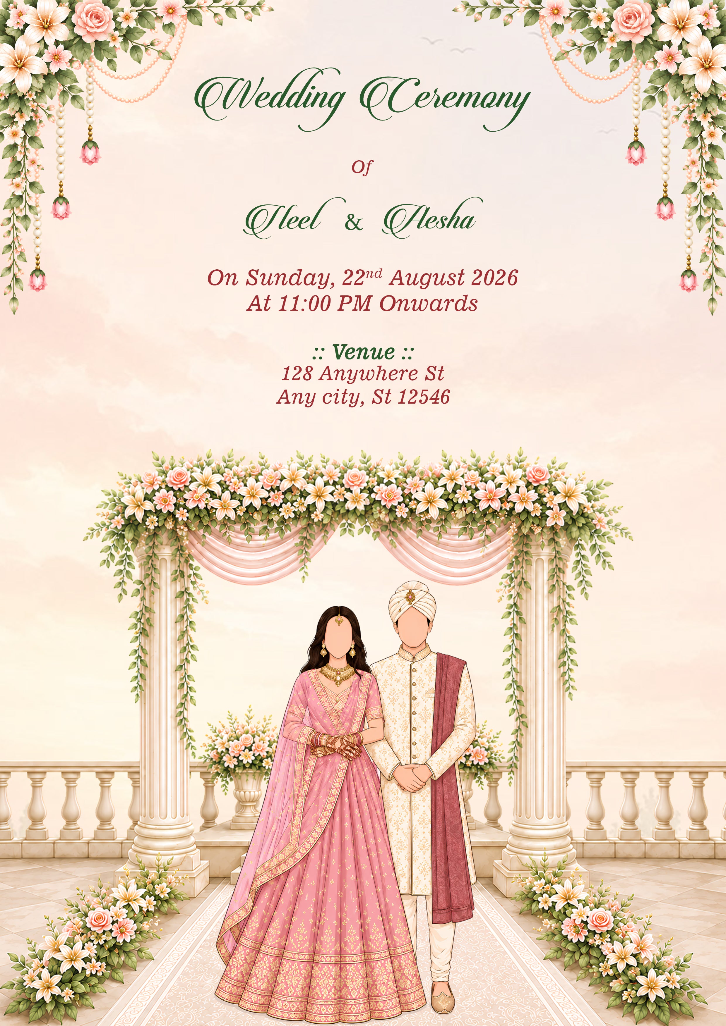 A wedding invitation card featuring an illustrated bride and groom standing under a floral archway. The top portion contains elegant text reading 'Wedding Ceremony of Sheel & Alesha' with event details, framed by hanging flowers and green vines.
