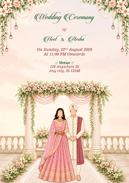 A wedding invitation card featuring an illustrated bride and groom standing under a floral archway. The top portion contains elegant text reading 'Wedding Ceremony of Sheel & Alesha' with event details, framed by hanging flowers and green vines.
