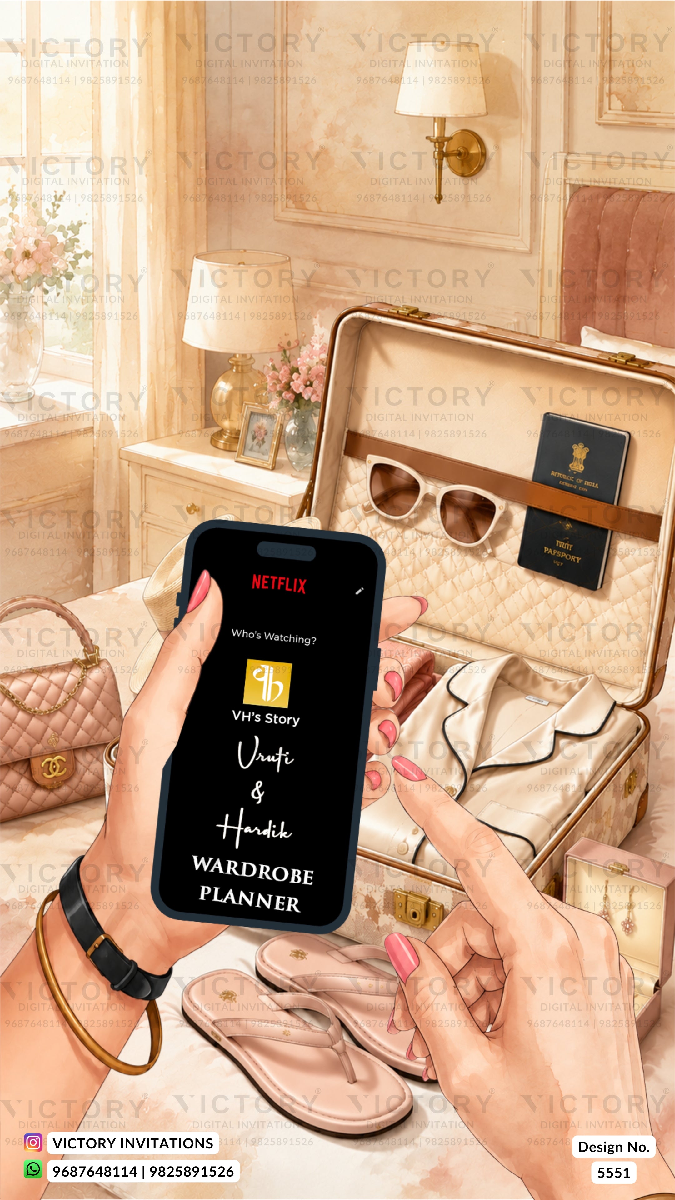 A woman holds a smartphone displaying a 'Vivli & Huda WARDROBE PLANNER' Netflix Story cover in front of an open quilted beige suitcase containing sunglasses, a passport, and a handbag, set in a luxurious cream-colored room.