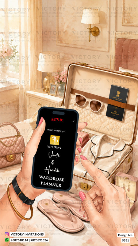 A woman holds a smartphone displaying a 'Vivli & Huda WARDROBE PLANNER' Netflix Story cover in front of an open quilted beige suitcase containing sunglasses, a passport, and a handbag, set in a luxurious cream-colored room.