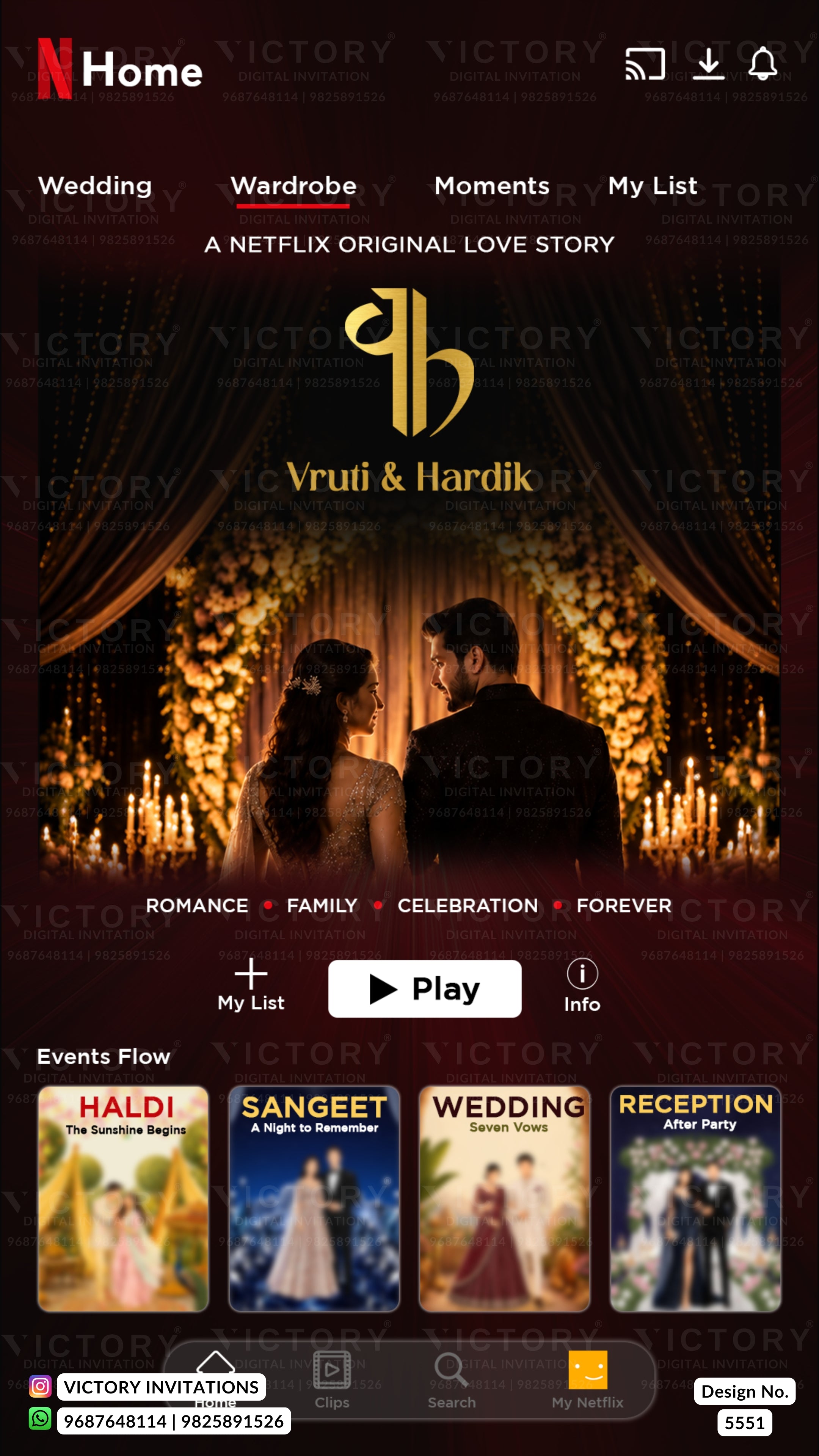 A mobile app interface for a custom Netflix-style wedding invitation or digital invitation, showing the 'Vruti & Hardik' couple under a gold 'VH' logo, with navigation tabs at the top and four event slide thumbnails along the bottom.
