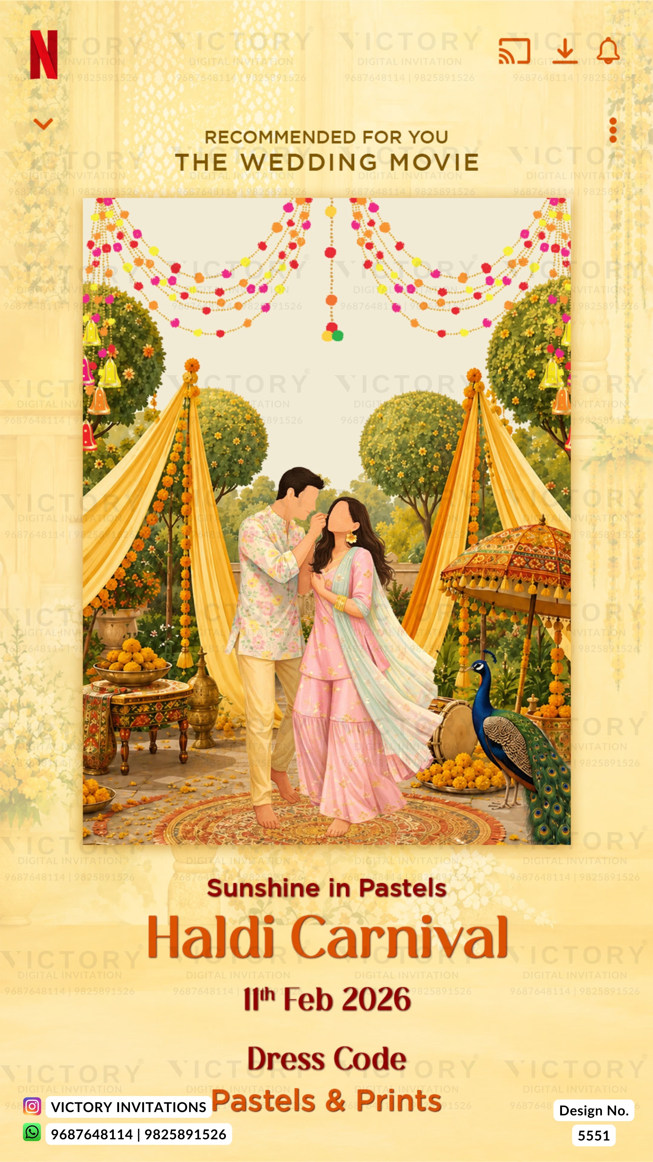 A promotional graphic for a Haldi Carnival digital print or dress code design, featuring a central illustration of a bride and groom under yellow tents with Haldi garlands. The text reads 'Sunshine in Pastels Haldi Carnival 11th Feb 2026' and includes the Netflix logo and 'Victory Invitations' branding.