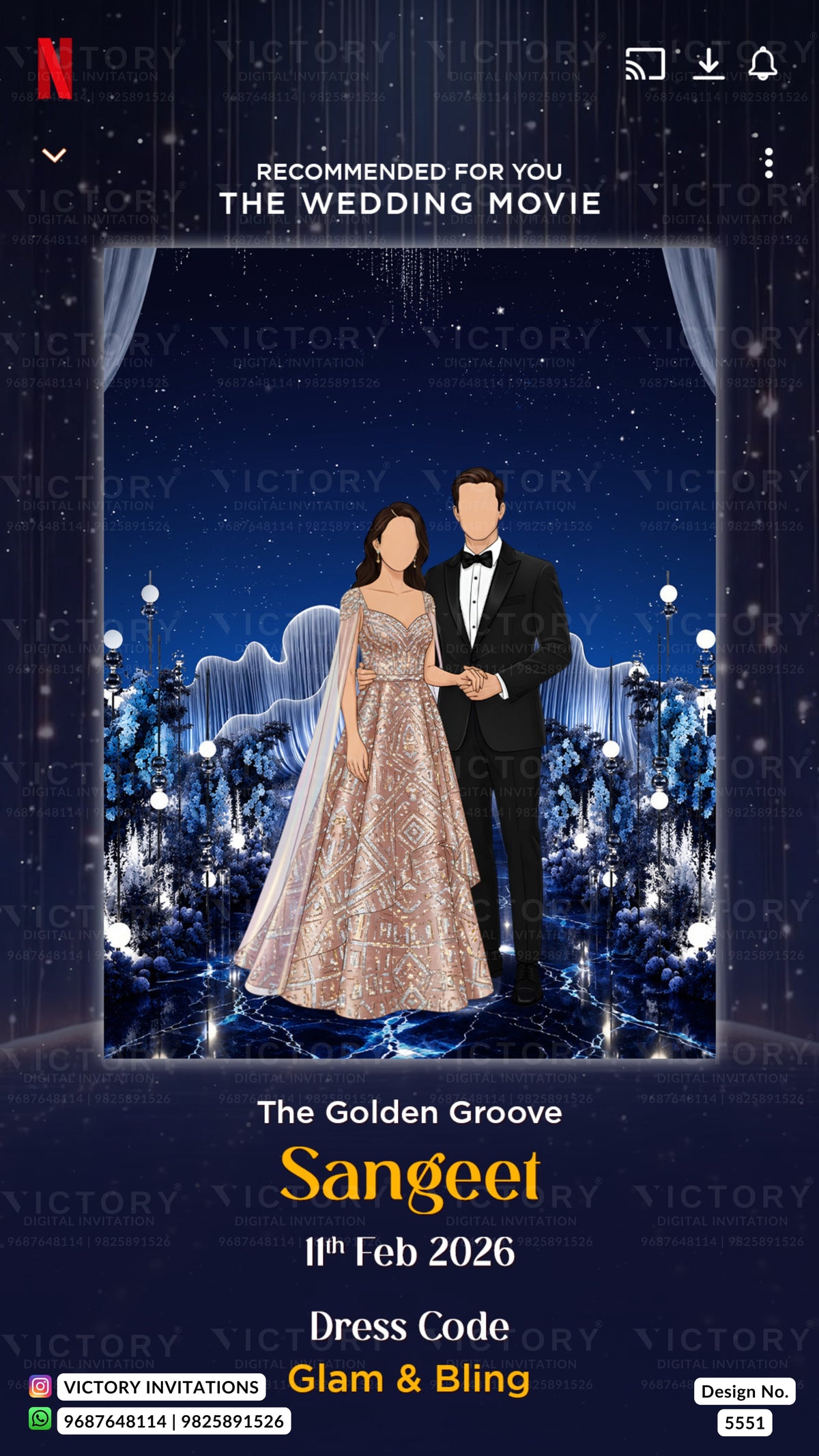 A digital wedding invitation template featuring a central illustration of a bride in a shimmering champagne gown and a groom in a black tuxedo against a starry night sky backdrop. The invitation includes text placeholders for names, date, dress code, and design number, with a Netflix logo at the top and Victory Invitations branding at the bottom.