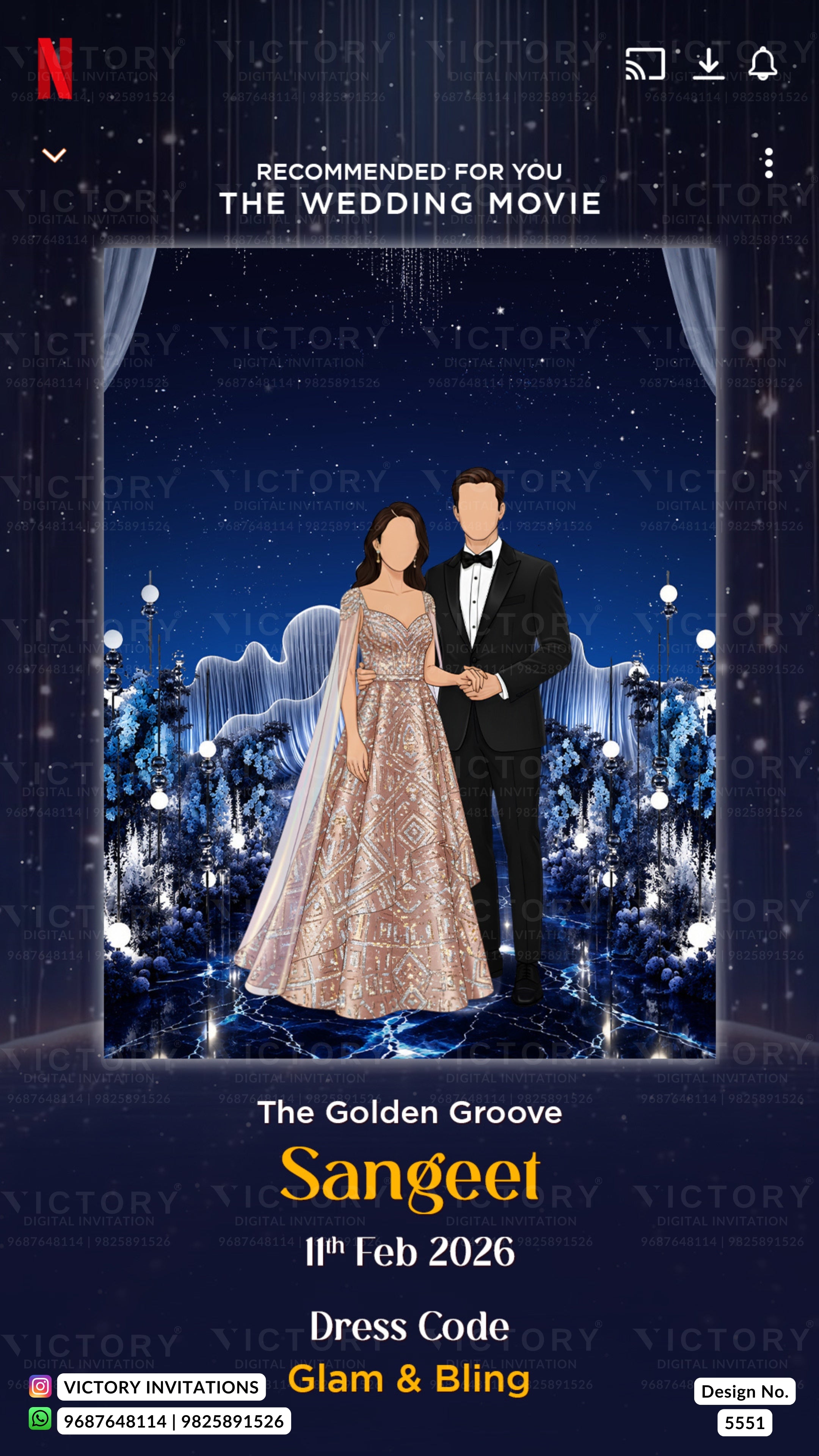 A digital wedding invitation template featuring a central illustration of a bride in a shimmering champagne gown and a groom in a black tuxedo against a starry night sky backdrop. The invitation includes text placeholders for names, date, dress code, and design number, with a Netflix logo at the top and Victory Invitations branding at the bottom.