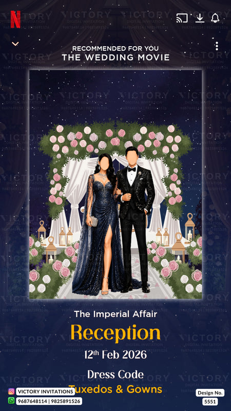 A digital mockup template for wedding invitation cards, featuring a cartoon-style illustration of a bride and groom under a floral arch. The invitation has a dark navy blue background with gold and white text, and a Netflix logo is visible at the top left.