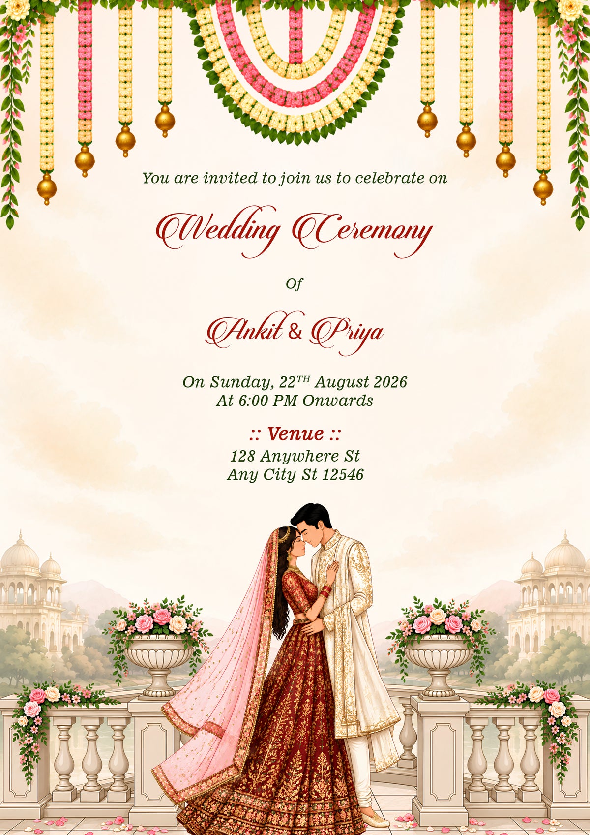 A traditional Indian wedding invitation card featuring a couple in ornate traditional attire under hanging floral garlands, with event details and venue text on a soft cream background.