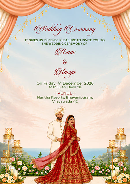 A digital Indian wedding invitation card featuring a bride and groom illustration in traditional attire, framed by peach curtains and hanging lights, with event details written in elegant text.