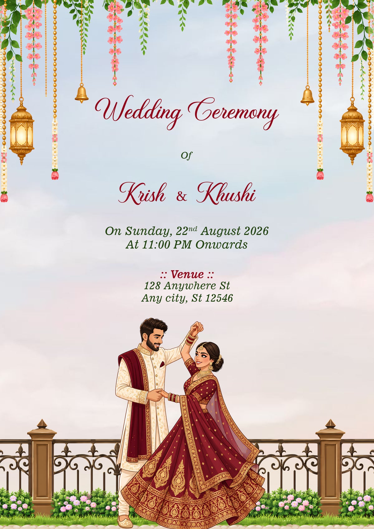 A digital wedding invitation card featuring a traditional Indian wedding theme. The design includes hanging green leaves, pink flowers, gold lanterns, and a couple in traditional wedding attire dancing at the bottom.