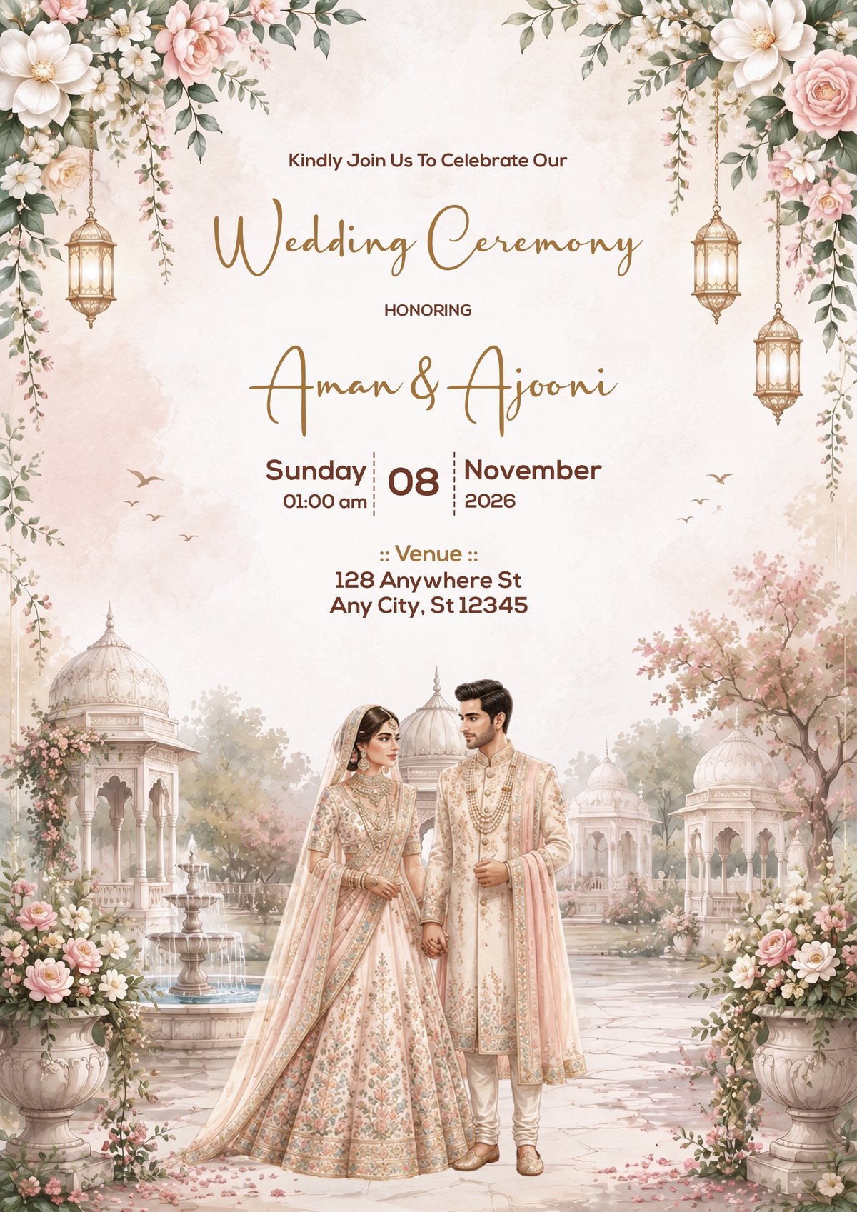 A wedding invitation card featuring a romantic Indian-themed wedding scene with a bride and groom in traditional attire standing in front of palaces and fountains. The card is decorated with pink roses, hanging lanterns, and floral borders, with text reading 'Wedding Ceremony' and event details.