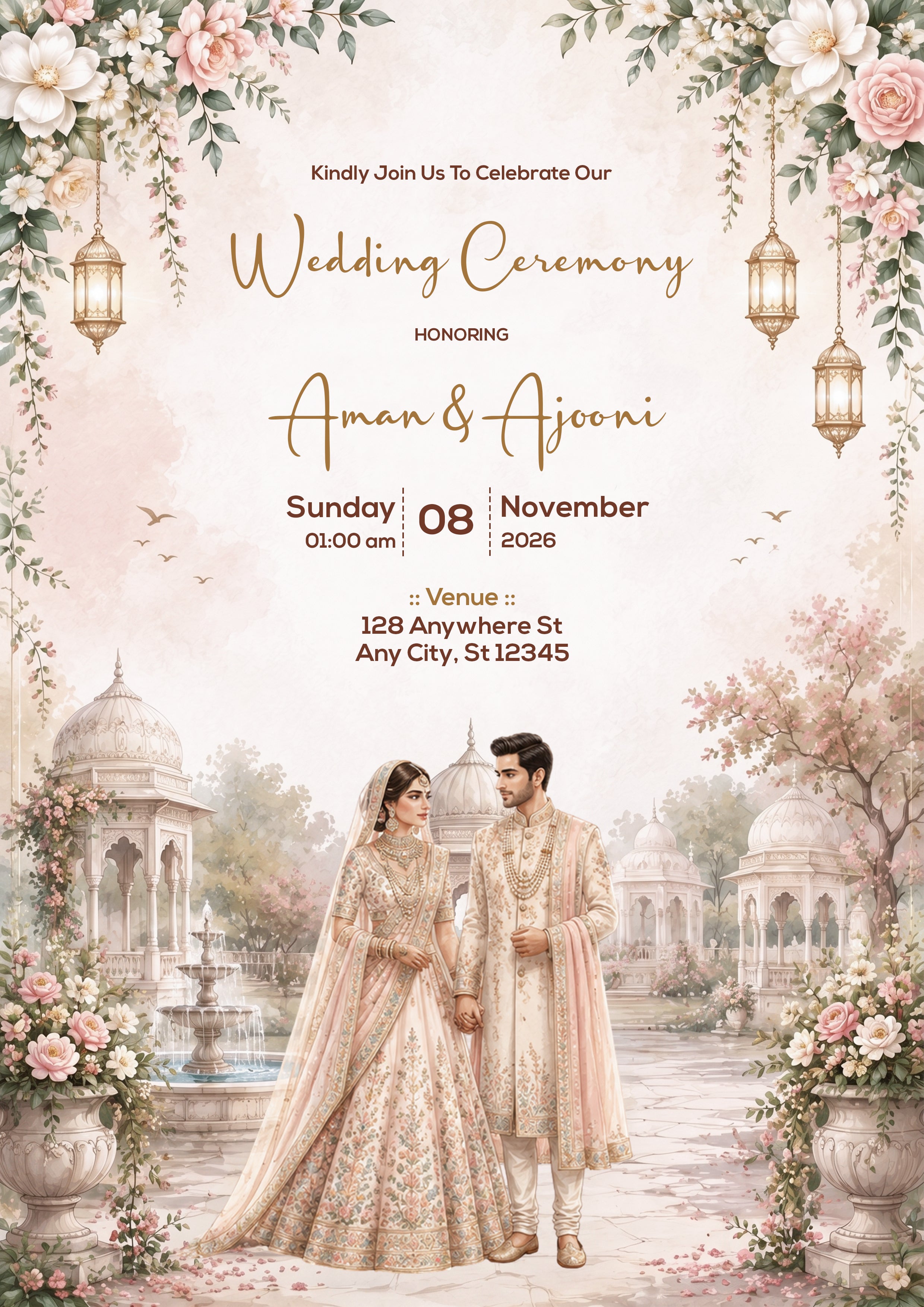 A wedding invitation card featuring a romantic Indian-themed wedding scene with a bride and groom in traditional attire standing in front of palaces and fountains. The card is decorated with pink roses, hanging lanterns, and floral borders, with text reading 'Wedding Ceremony' and event details.