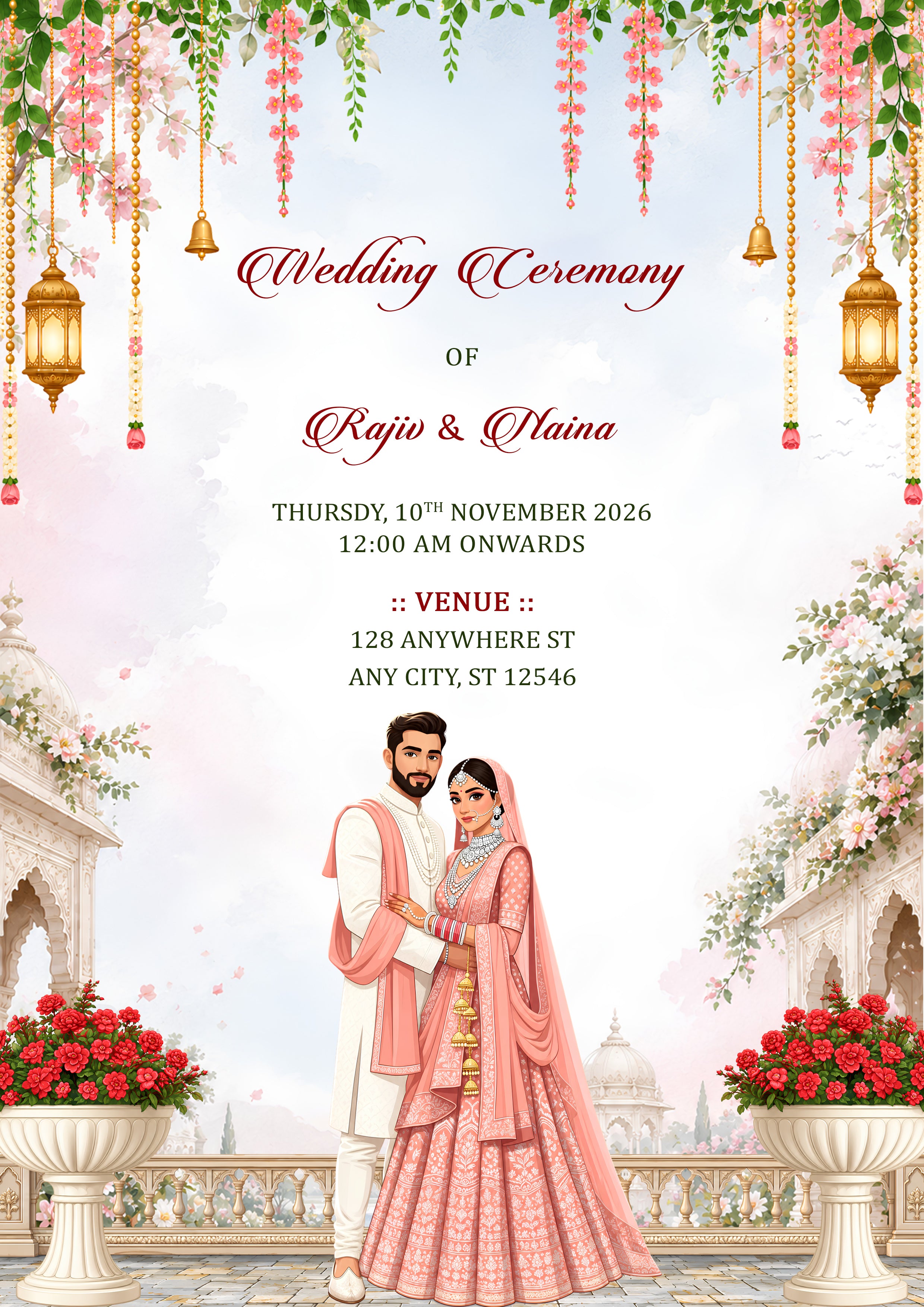 A digital wedding invitation card featuring a romantic Indian theme. The design includes a couple in traditional wedding attire (a man in a white kurta and a woman in a pink lehenga) standing on a balcony, framed by hanging lanterns, green vines, pink flowers, and red roses in white planters.