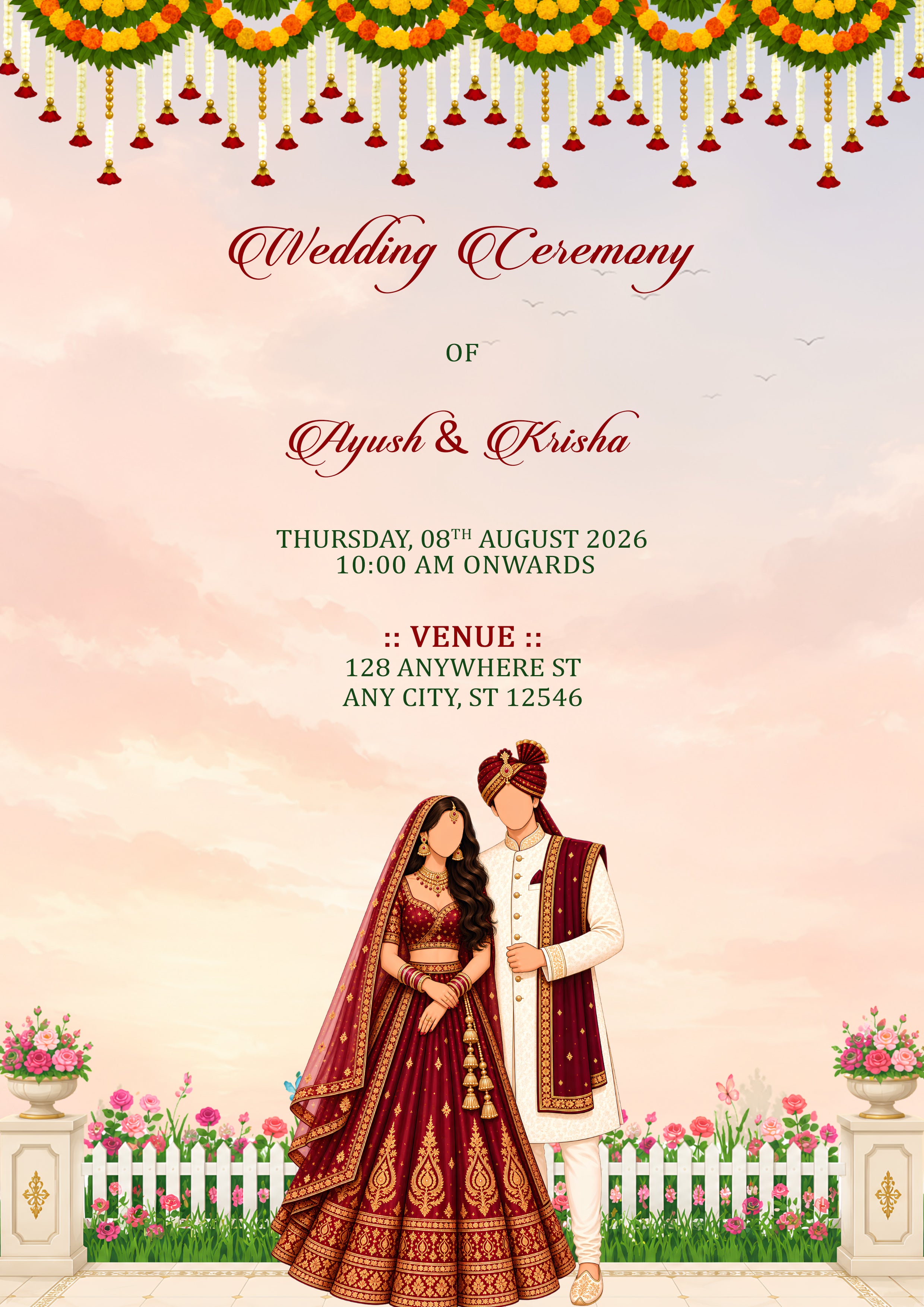A digital wedding invitation card featuring a traditional Indian wedding theme. The top is decorated with a green and orange marigold garland, and the center features the text 'Wedding Ceremony OF Aayush & Krishna' along with event details.