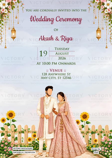 A wedding invitation card design with a light blue sky background, featuring a couple in traditional Indian wedding attire under floral garlands and sunflowers. The text reads 'You are cordially invited into the Wedding Ceremony of Akash & Riya' with event details and venue information.