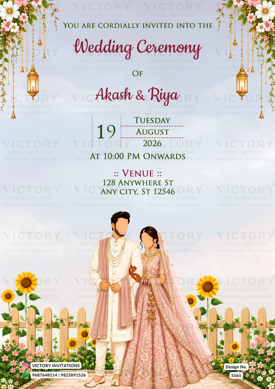 A wedding invitation card design with a light blue sky background, featuring a couple in traditional Indian wedding attire under floral garlands and sunflowers. The text reads 'You are cordially invited into the Wedding Ceremony of Akash & Riya' with event details and venue information.